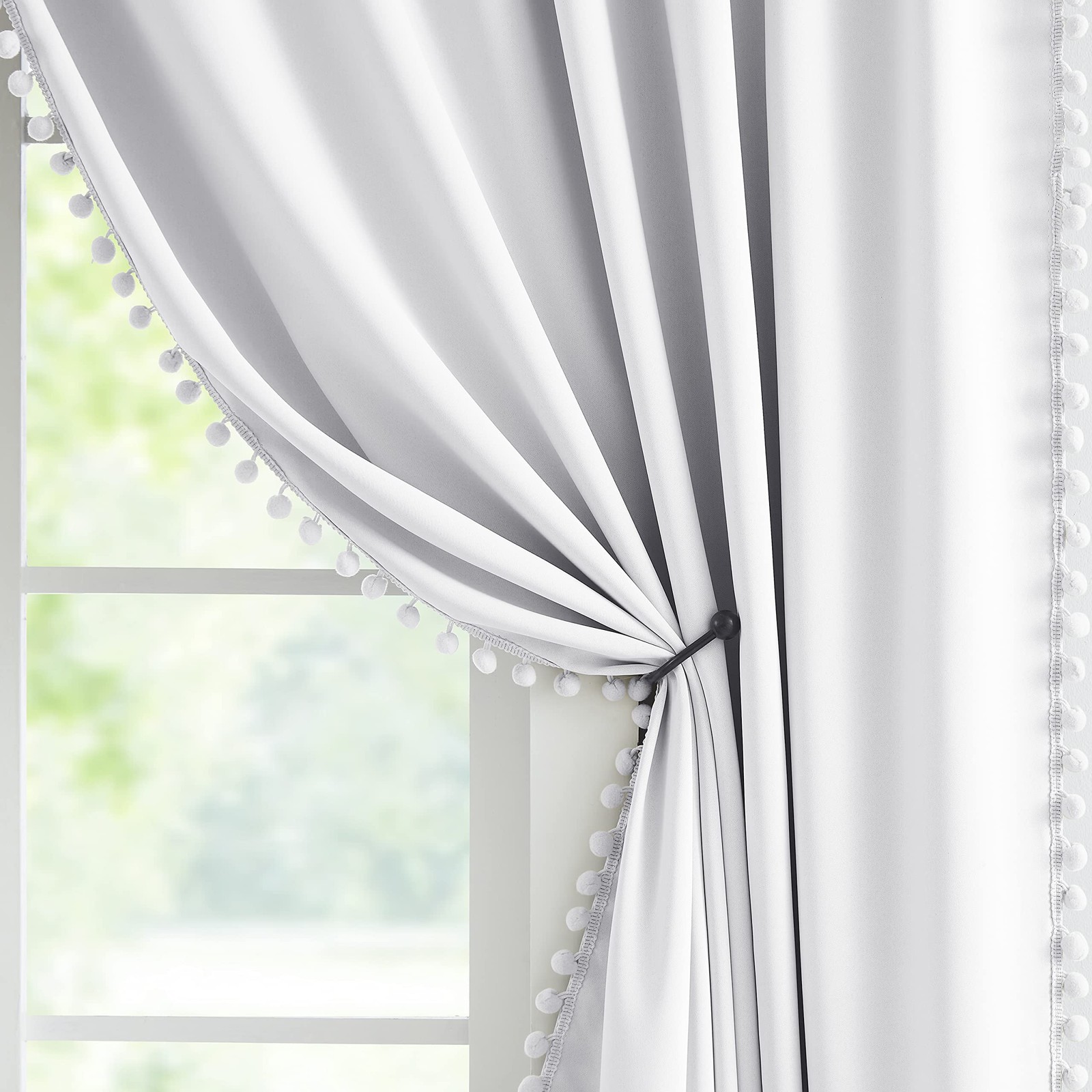 Jubilantex Greyish White 95 Blackout Curtains Cute Pom Pom Tassels Thermal
