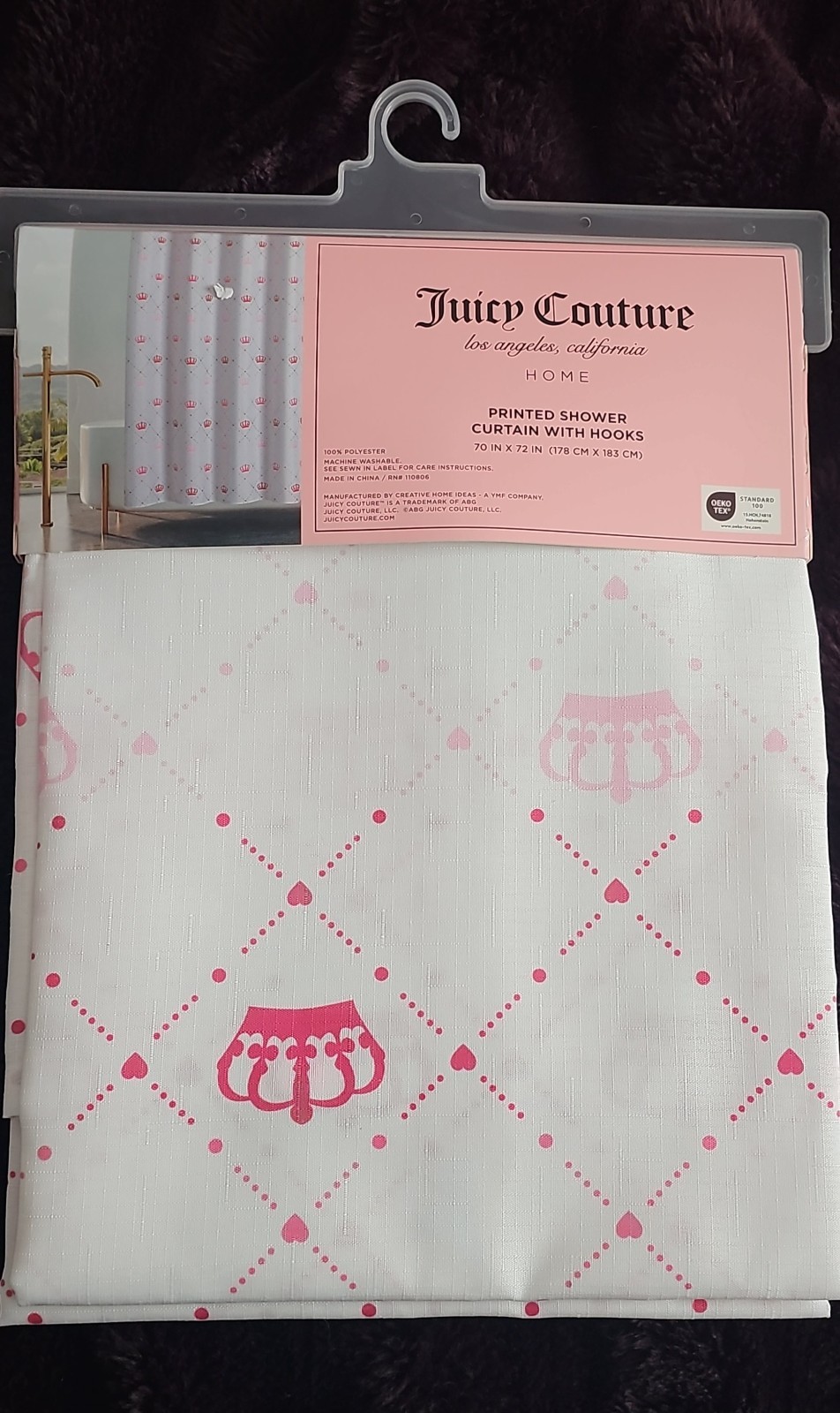Juicy Couture Shower Curtain 70×72 White/Pink Diamond Crown Polyester Hooks