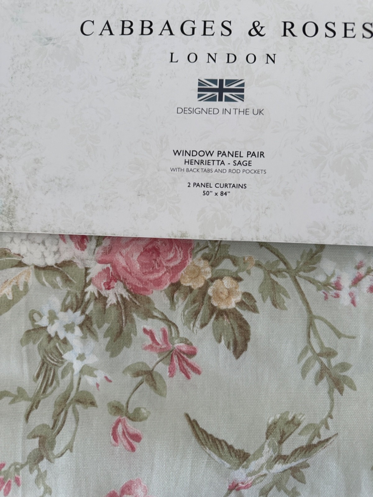 Cabbages & Roses Set/2 Henrietta Sage Drape Panels Floral Cottage Rose ~3 Avail.