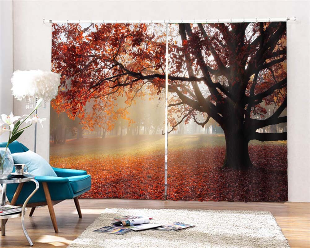 Cross Tree Many Leaves 3D Curtain Blockout Photo Printing Curtains Drape Fabric