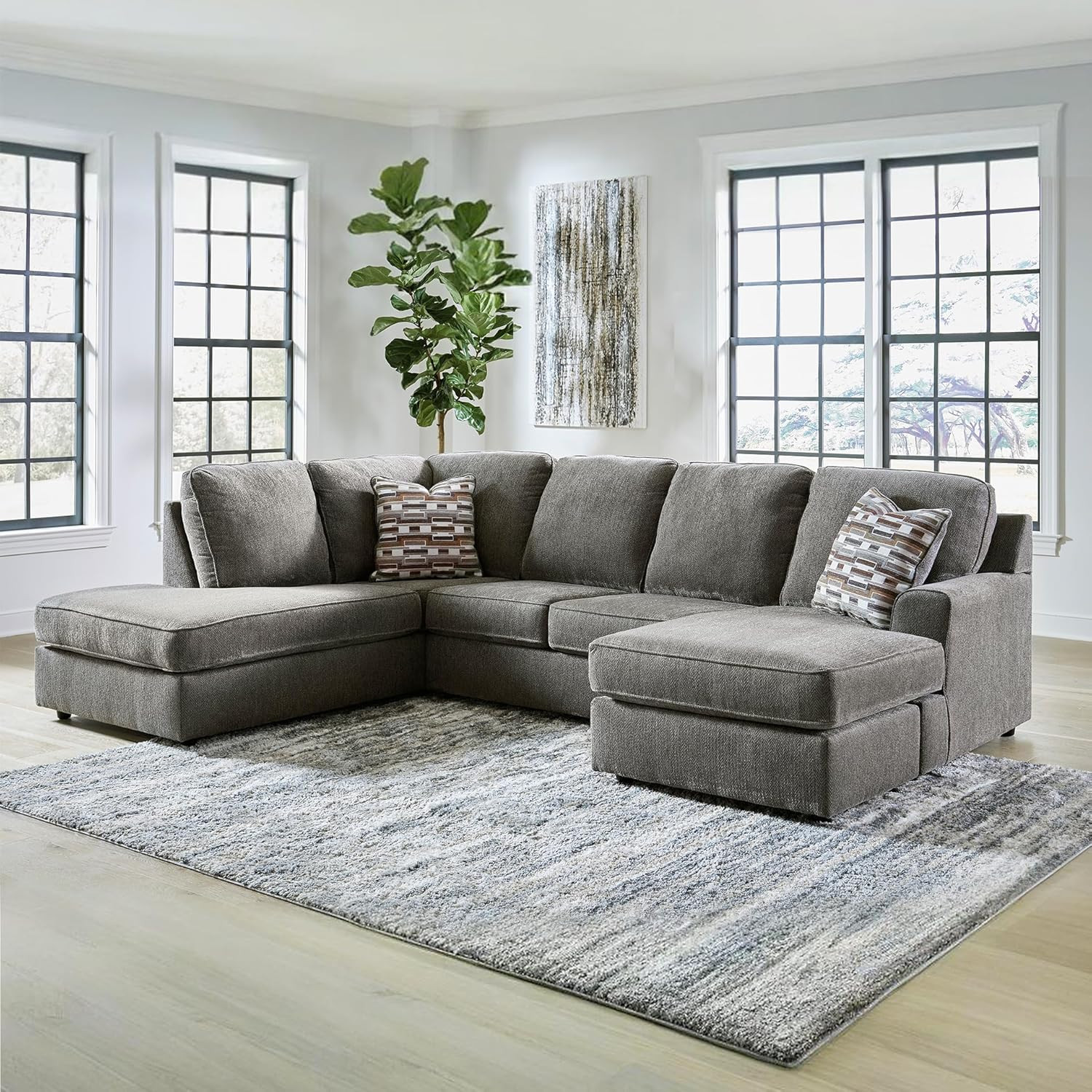 Gray Herringbone Chenille 2-Piece Sectional with Chaise & Pillows