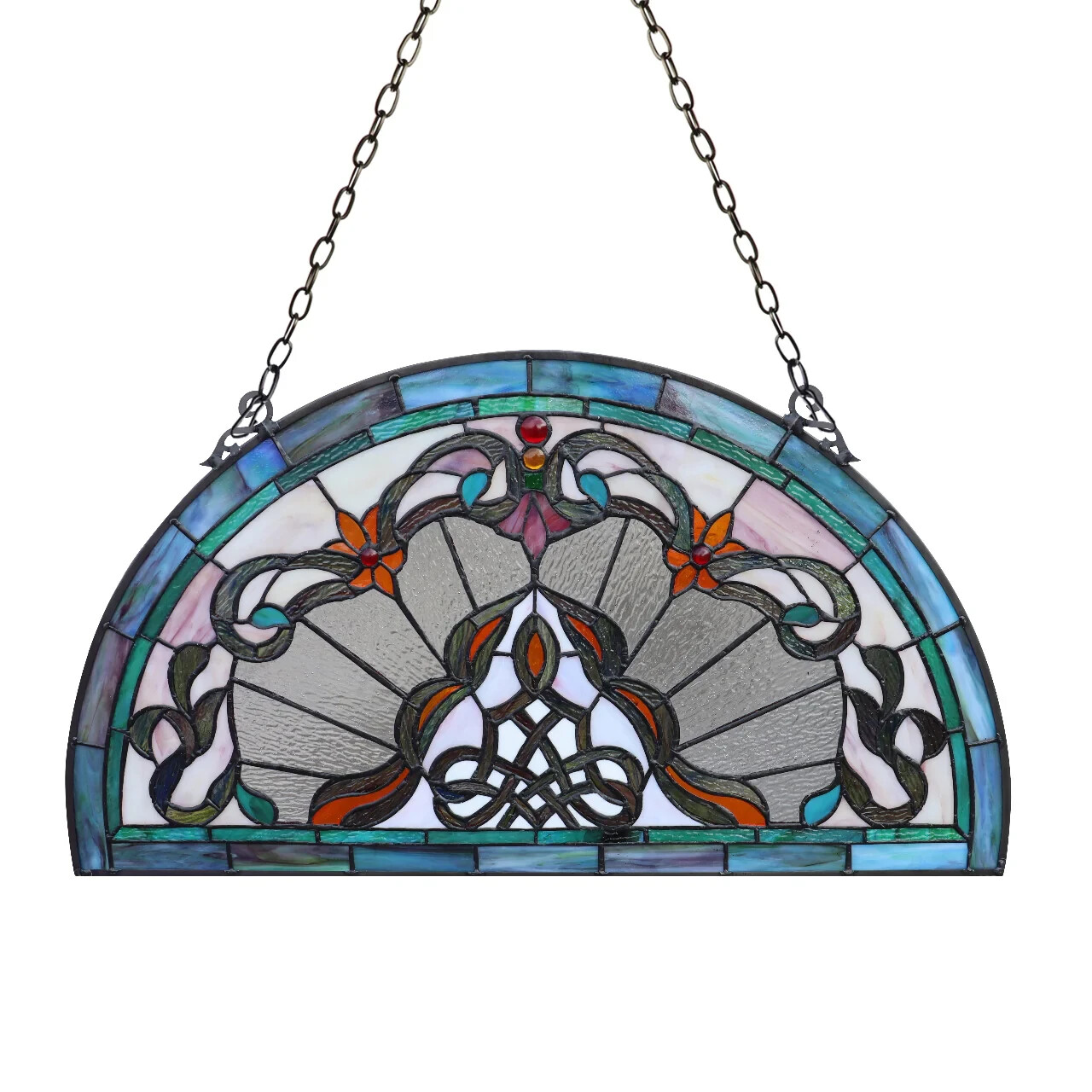 Stained Glass Window Panels Half Moon/Circle Handcrafted Art Glass Matching Pair