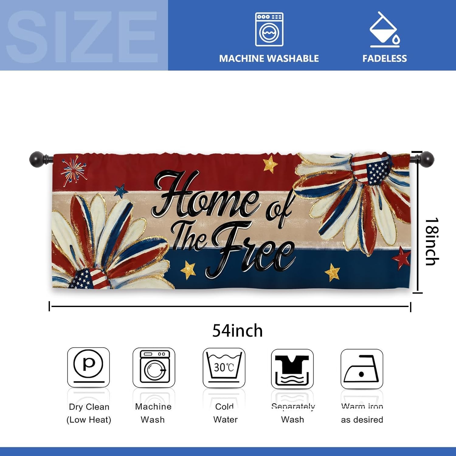 Independence Patriotic Kitchen Curtain Valance 54W x 18L Inch Blue Red 4th of Ju