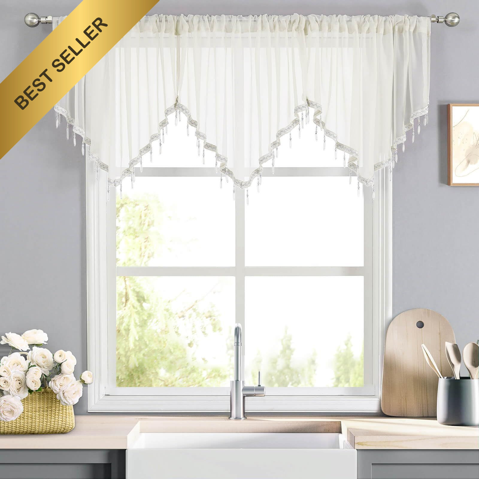 WUBODTI Ivory Sheer Valance Curtain Boho Beaded Tassel Lace 51×24 Window Decor