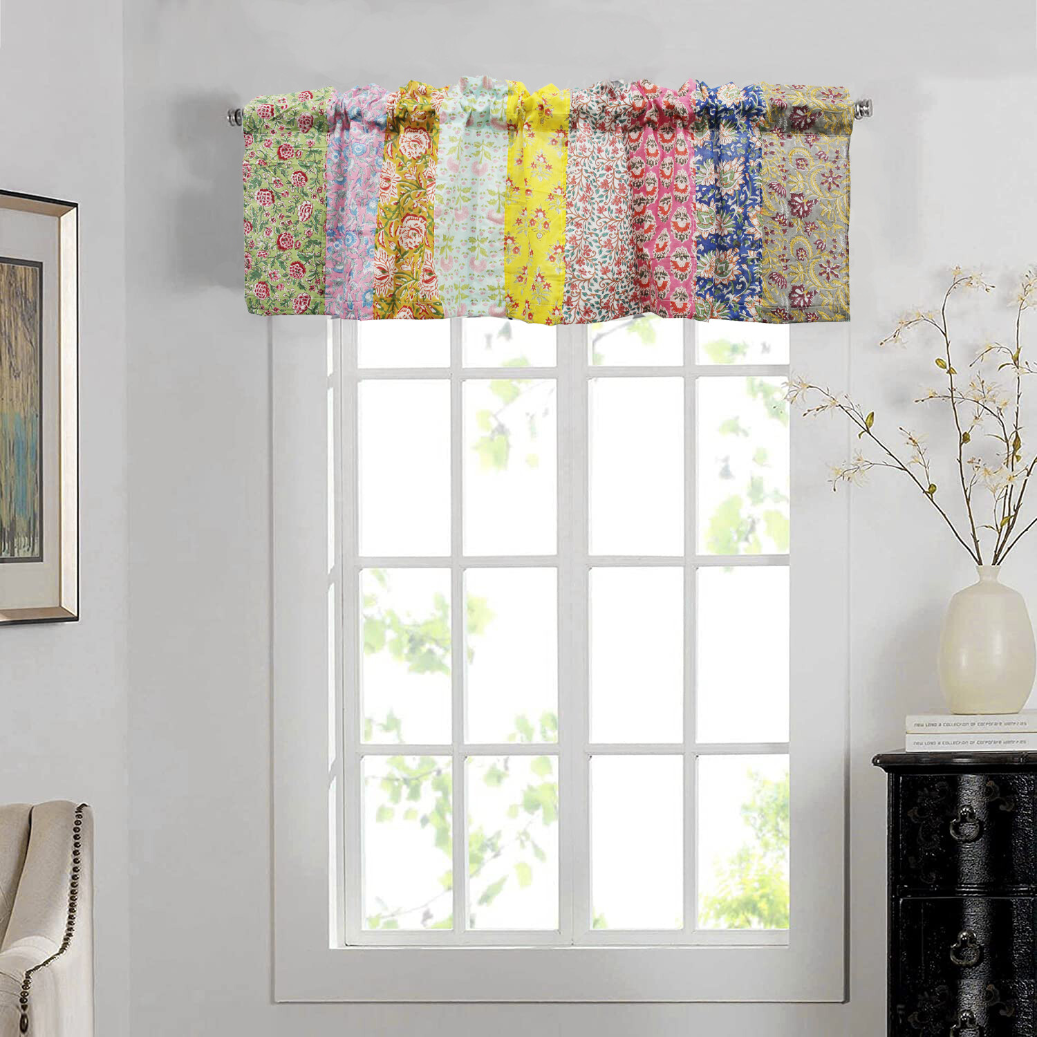 Patchwork Window Curtain Valance Multicolour Floral Rod Pocket Boho Home Décor