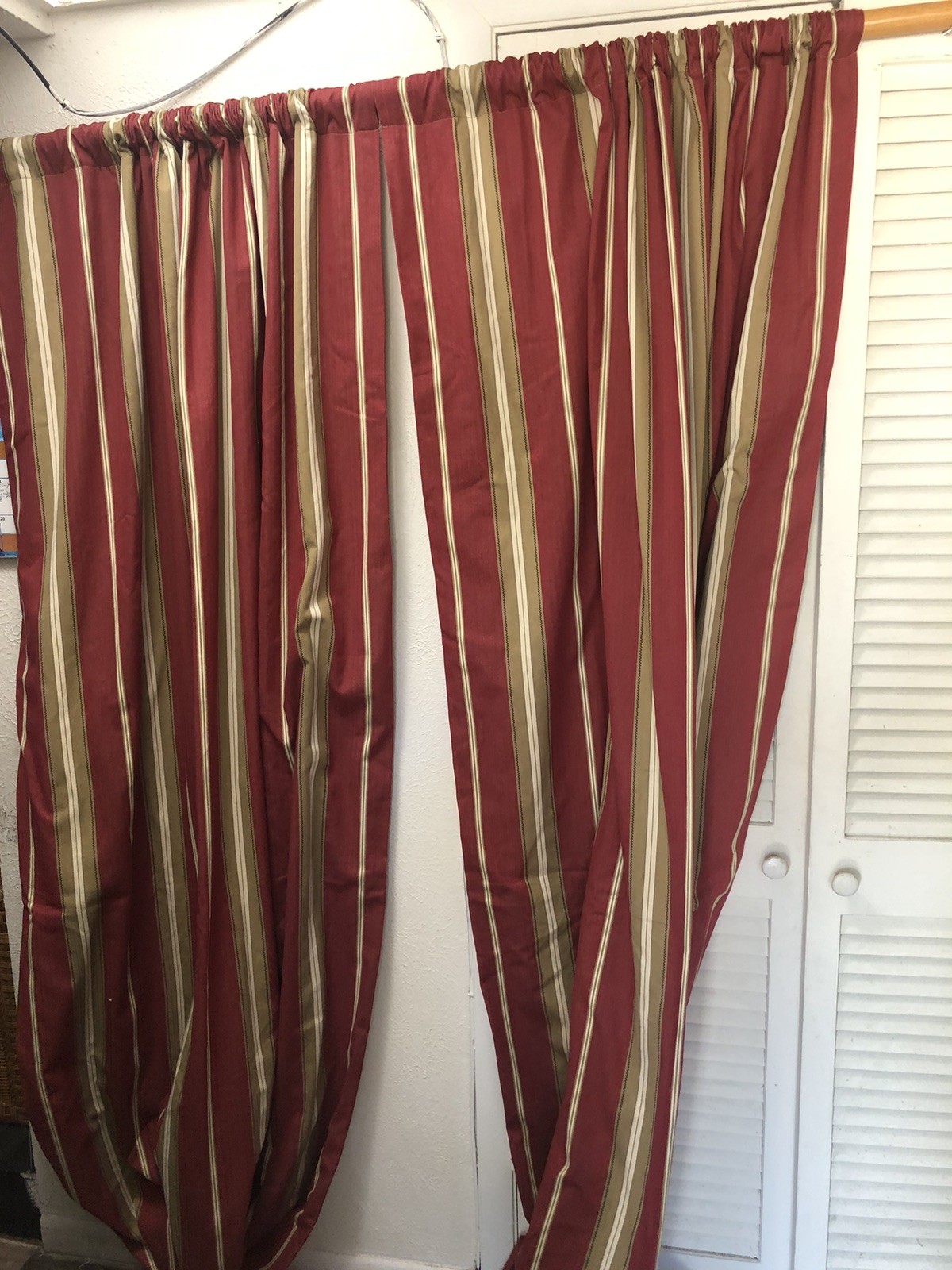 Pottery Barn Harrison Stripes Lined Curtain Panels 50×96″ 2Pc Red Tan EUC