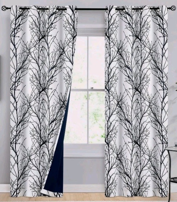 Set of 2 84″ White w/Black Tree Branch Print Blackout Curtains Fmfunctex