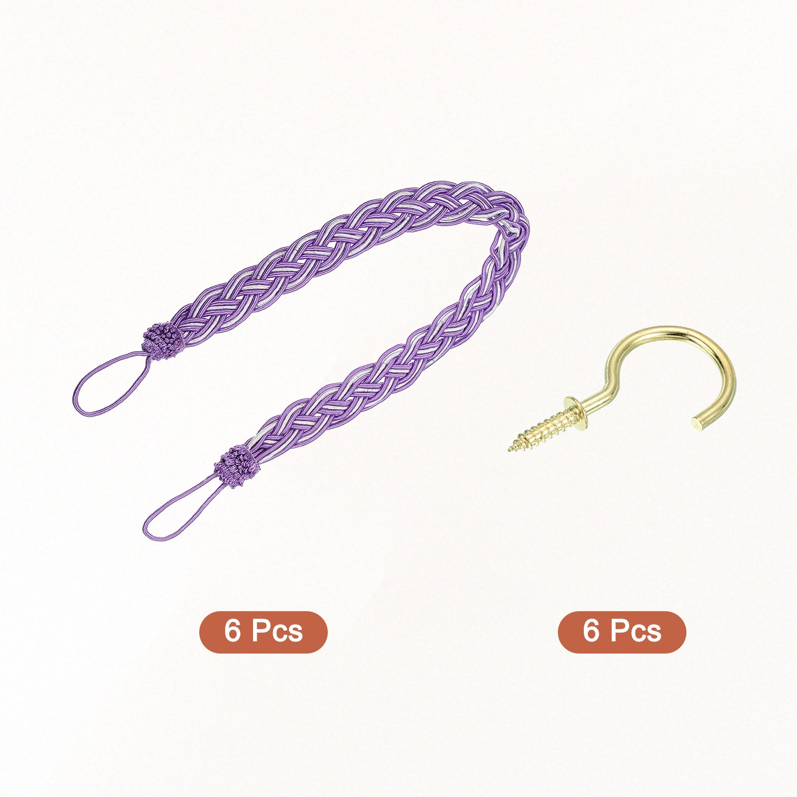 6Pcs 58cm/23″ Curtain Tieback Braided Drapery Holdback Holder Dark Purple/Silver