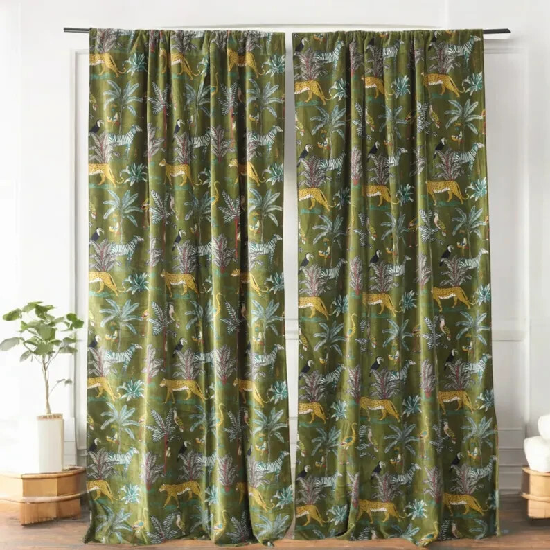 Green Velvet Curtain Drape Window Decor Door Curtain Blackout Luxury Curtain