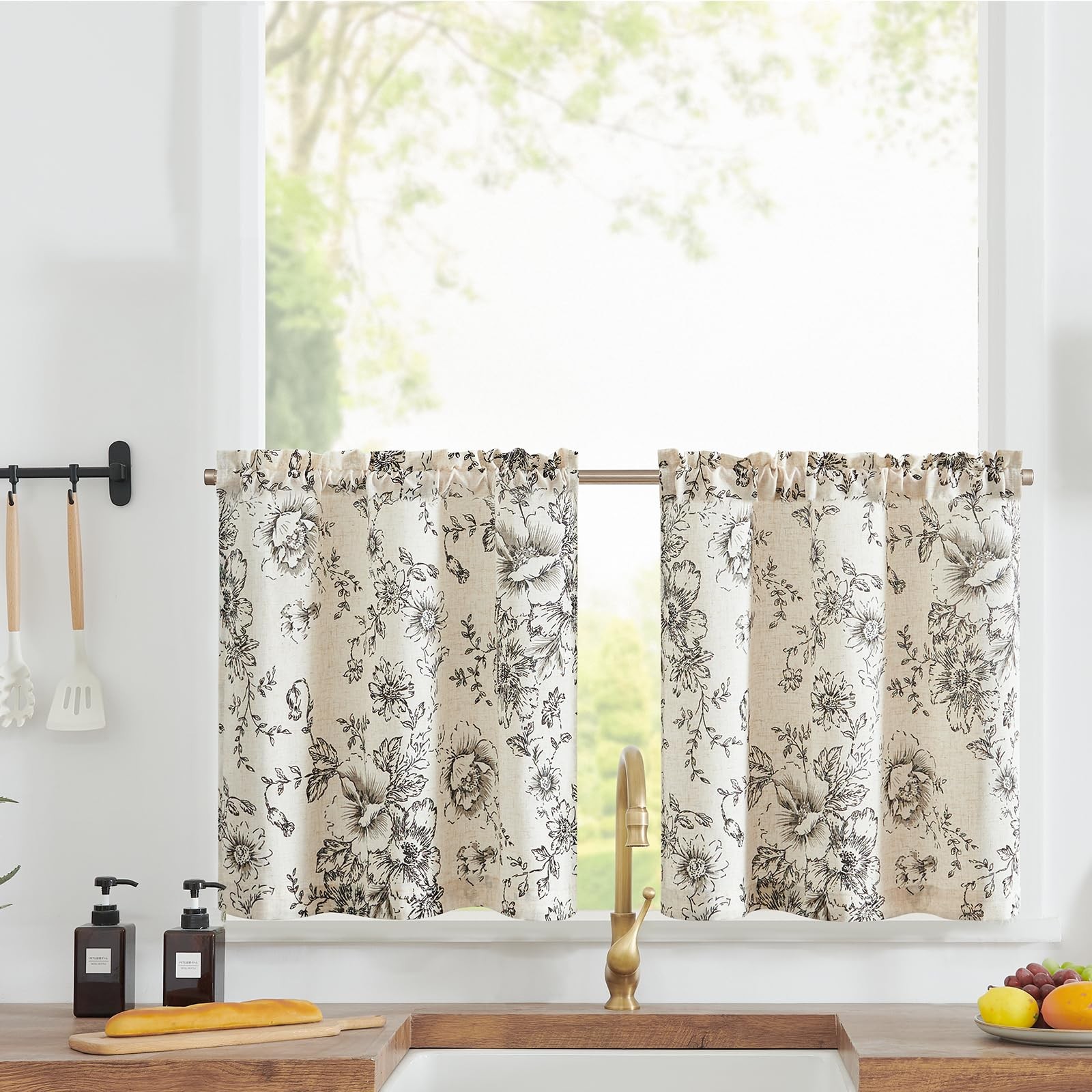 Linen Cafe Curtains 24 in Black Floral Farmhouse Tier 2 Panels