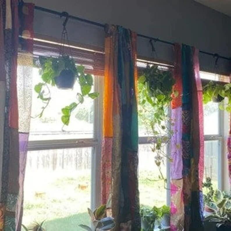 2 PCS Indian Sari Patchwork Curtain Drape Window Decor Multi Silk Sari Curtain