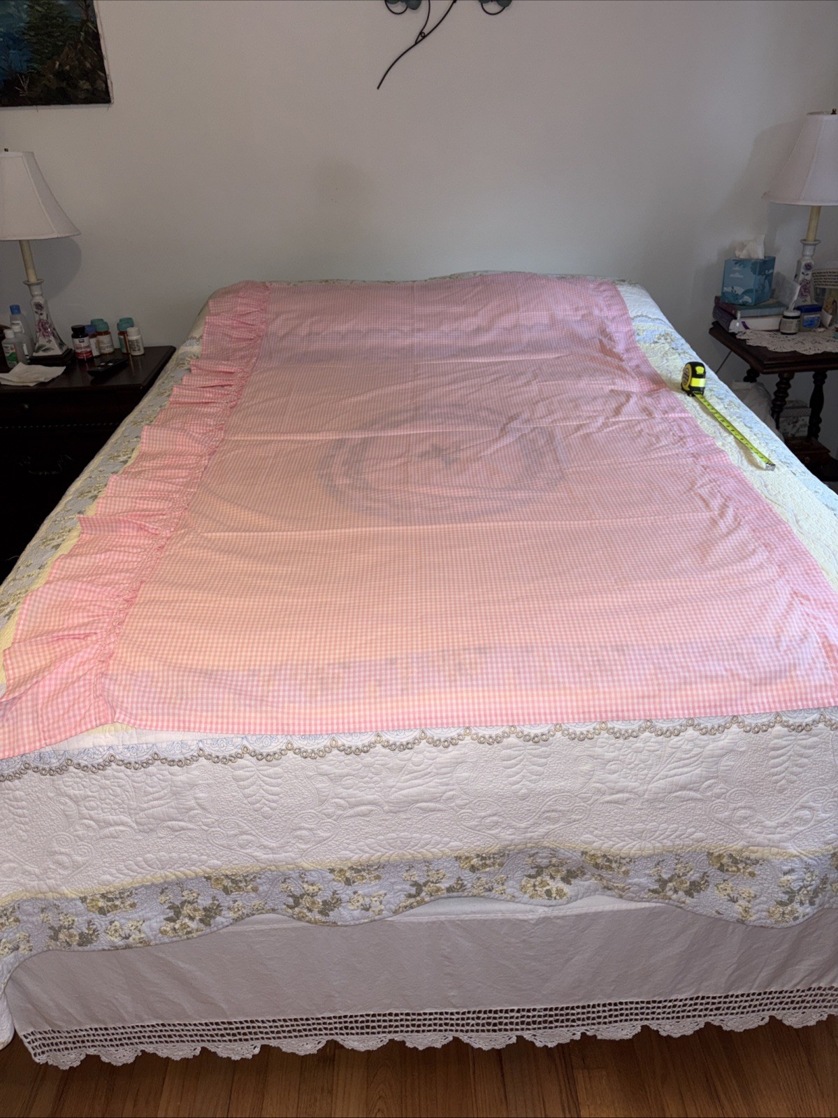 Set Pastel Pink Gingham Checked Curtains, Pretty Ruffle 70×46, Read Description