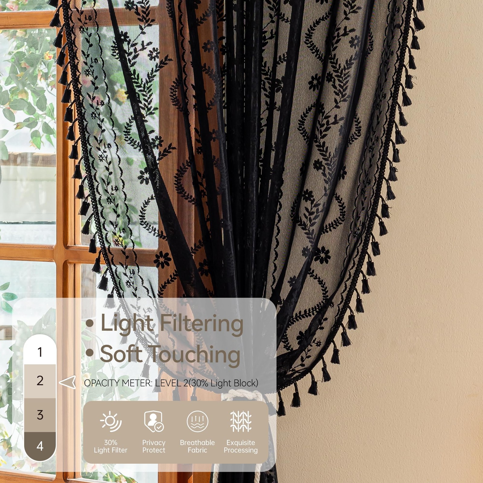 Boho Lace Curtains 63 Inch -Vintage Victorian Sheer Panel Drape Floral Patter…