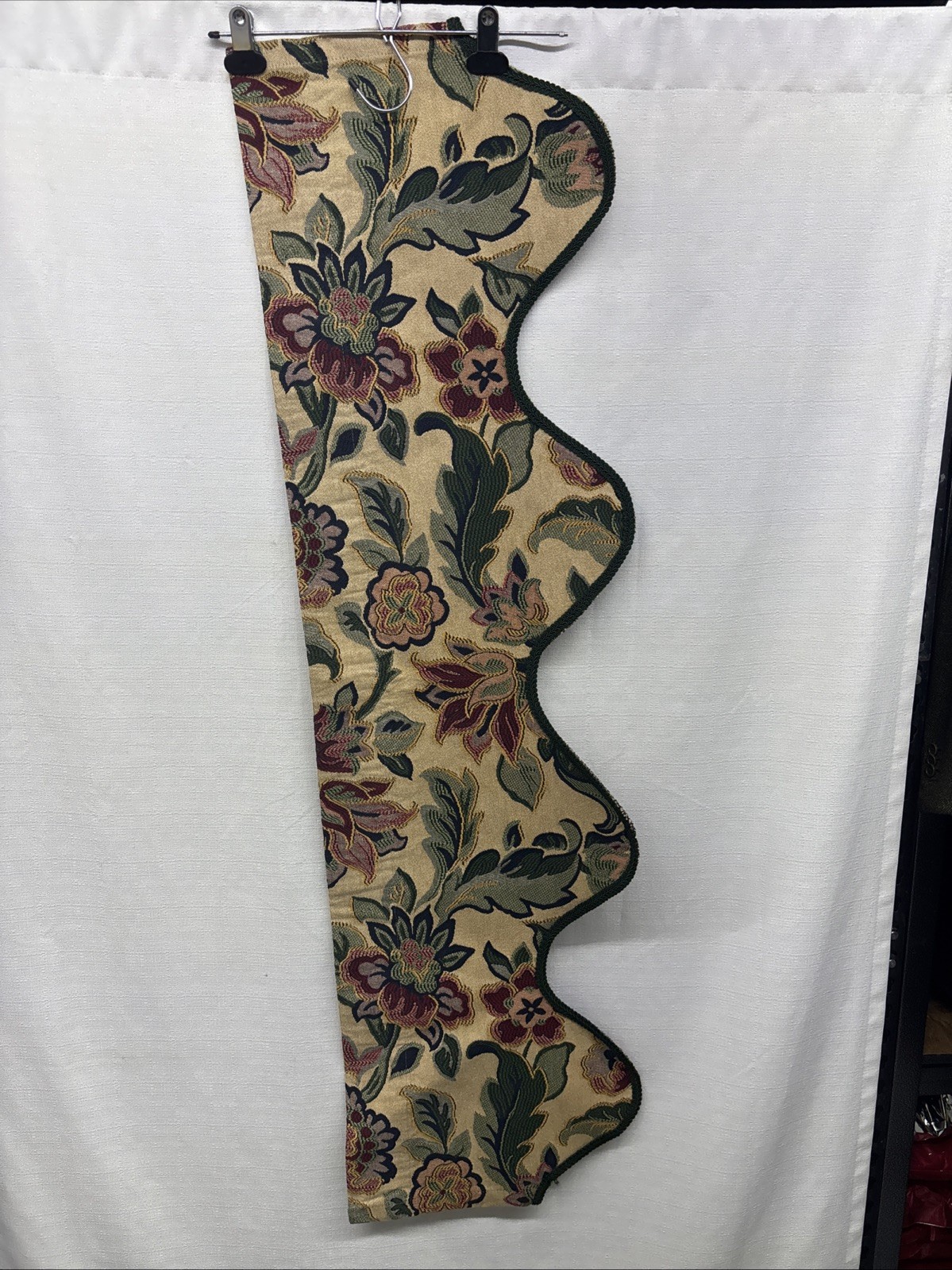 Custom Hand Made Tapered Window Valance 48”x13.5” L Jacobean Floral Green Braid