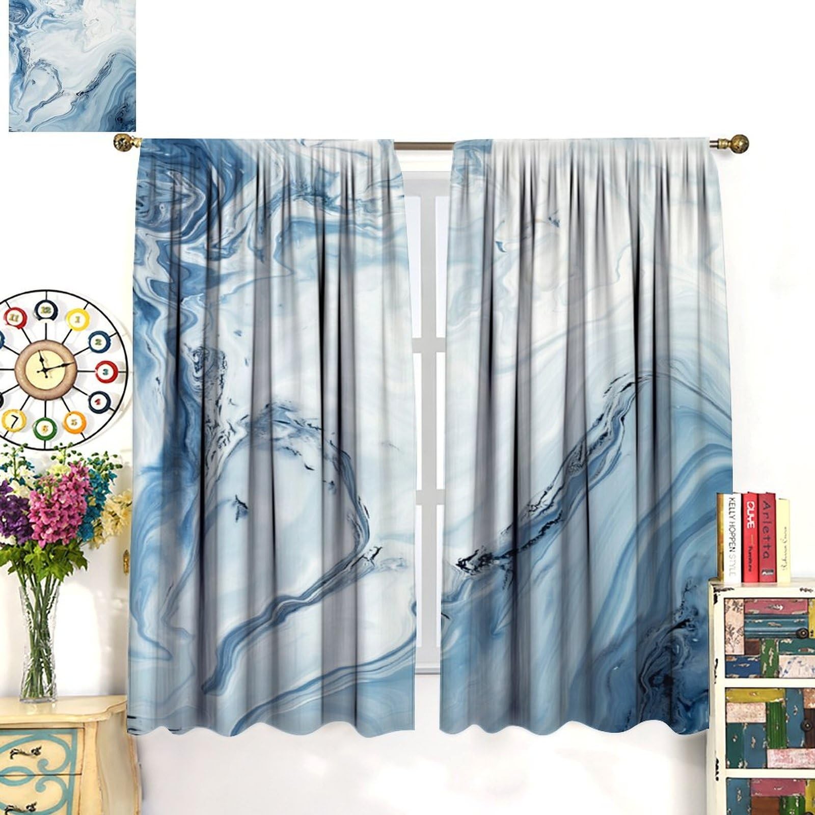 Gradient Blue Marble Curtains, Modern Ombre Abstract Elegant Marble Texture W…