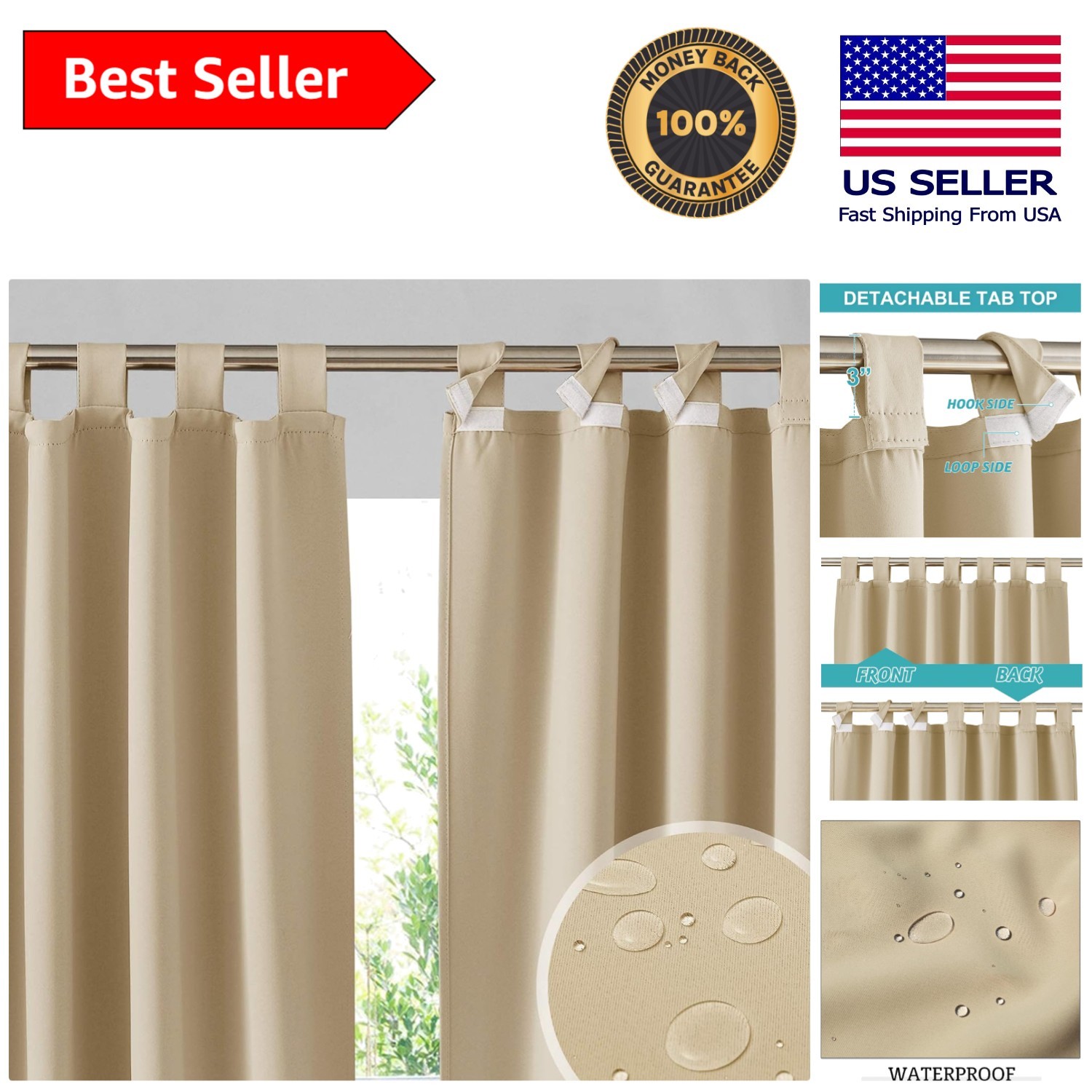 Elegant Detachable Tab Top Outdoor Curtains – Blackout Privacy in Beige, 52x84in