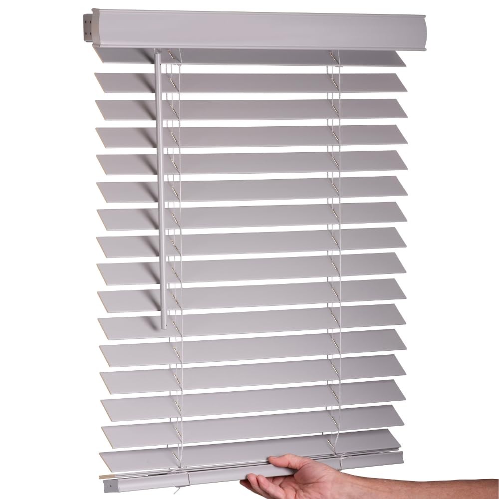 Cordless Faux Wood Blinds, 17″ Wide x 48″ Long,Smooth,Light Gray, 2 Inch Hori…