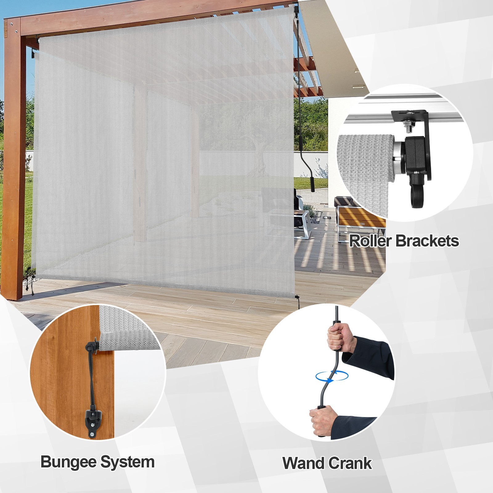 Patio Roller Shade HDPE Fabric Outdoor Cordless Roll Up Shade for Porch Gray