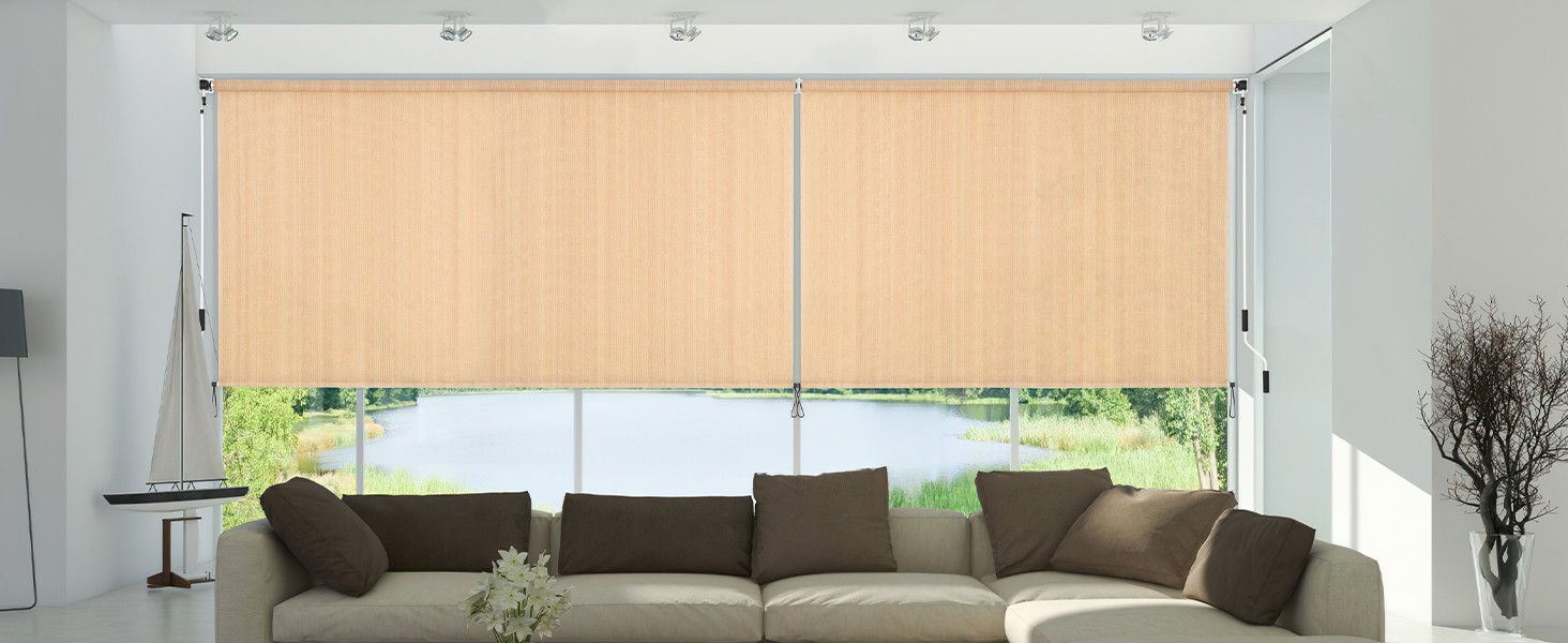 Outdoor Roller Shade 5′ W x 8′ L Cordless Patio Shades Roll Up Outdoors Blinds
