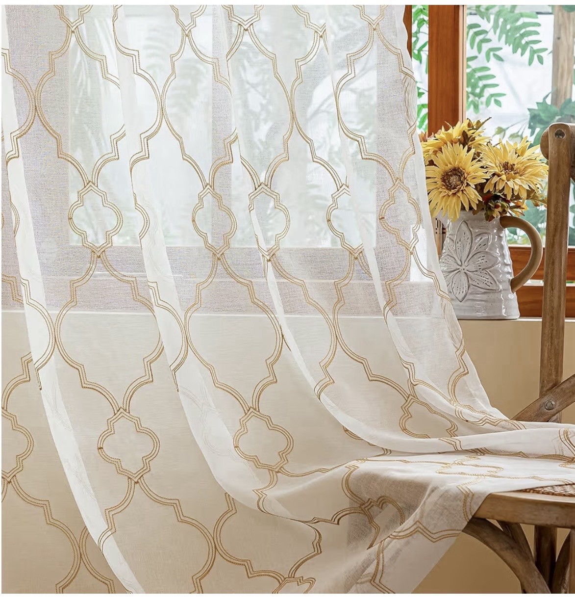 Curtain panels Sheer Embroidered Geometric Rod Pocket White/Gold Moroccan 53×63
