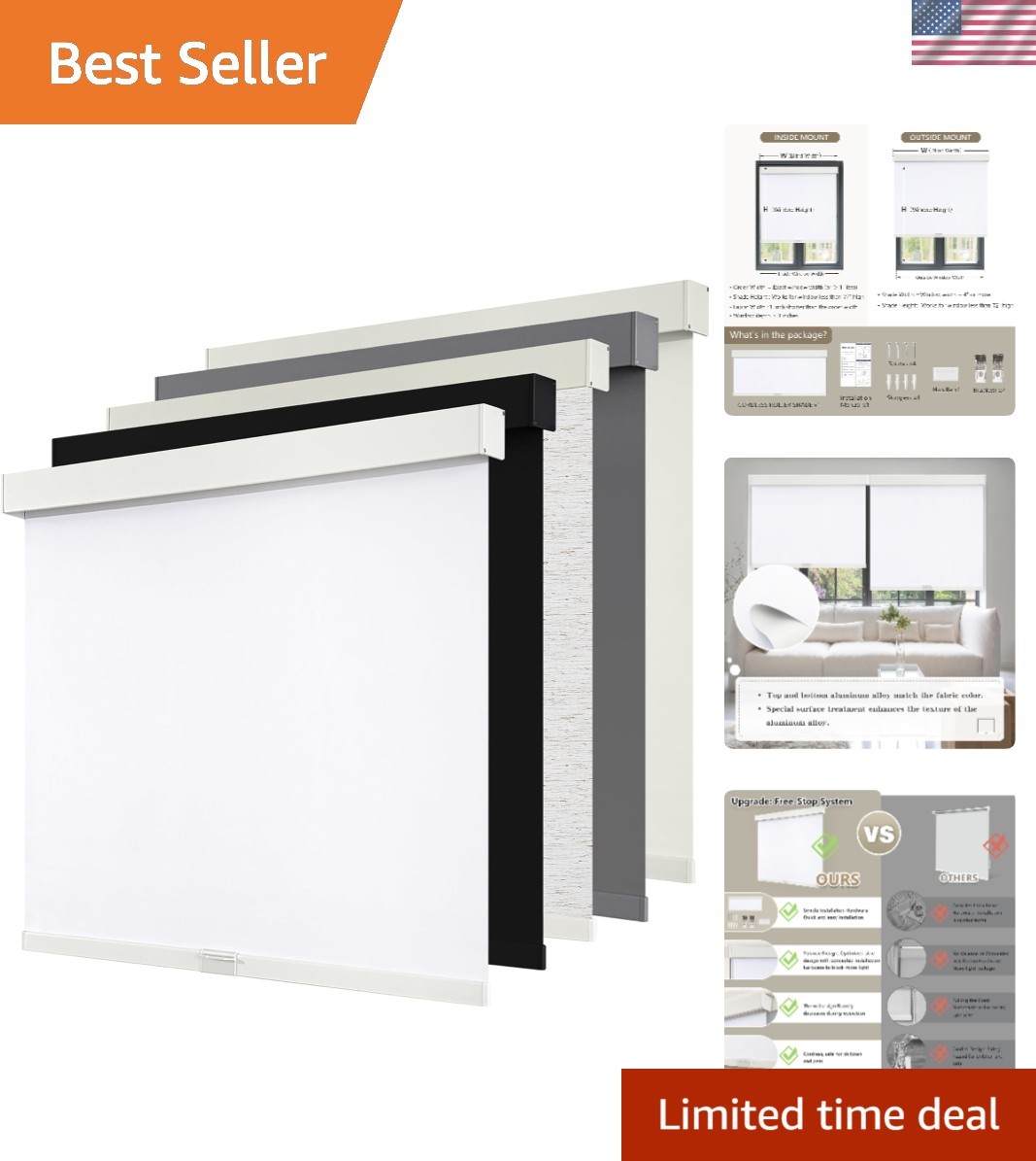 Free-Stop Cordless Roller Shades – White 20″ W x 72″ H, Ideal for Home & Office