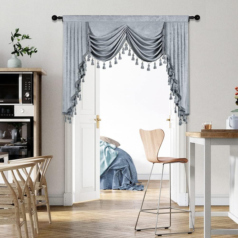 Silver Grey Chenille Waterfall Valance Curtain for Living Room & Bedroom