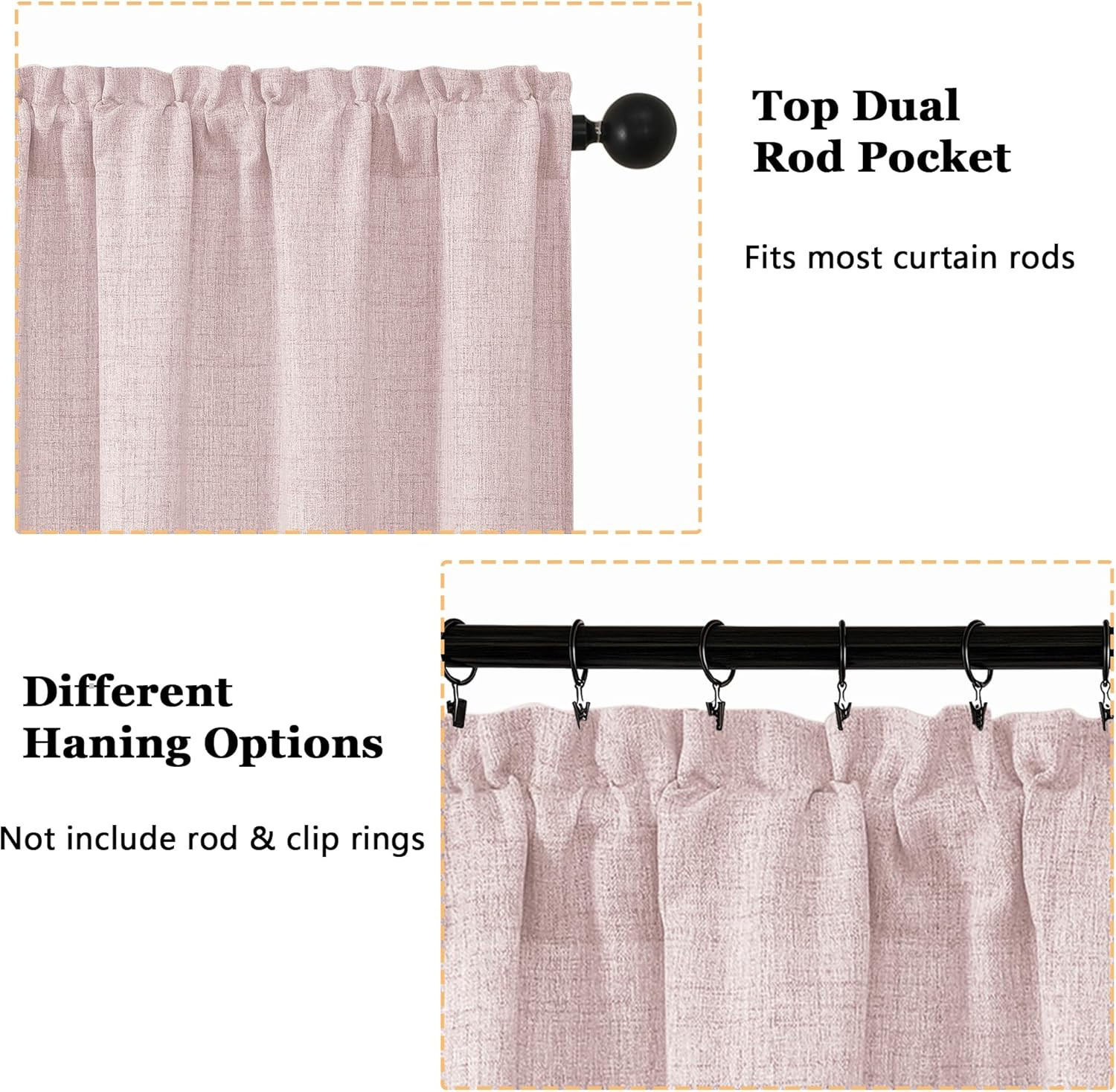 Blush Pink Valances for Windows 1 Pcs 24 Inch Length, Light Filtering Textured S