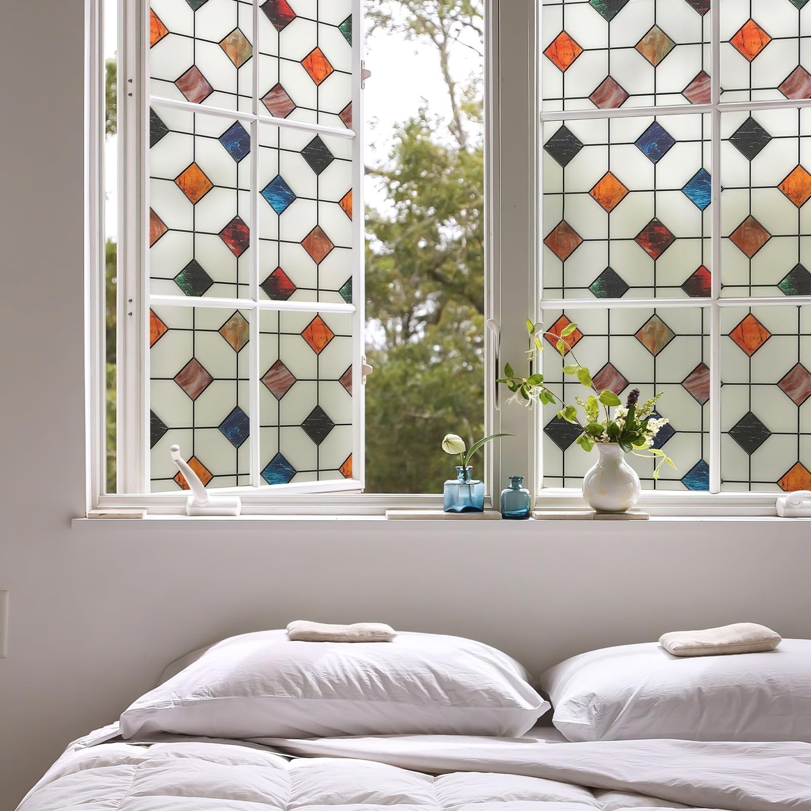 DKTIE Stained Glass Window Film Geometric Patterns, Fine Frosted Window Cling…