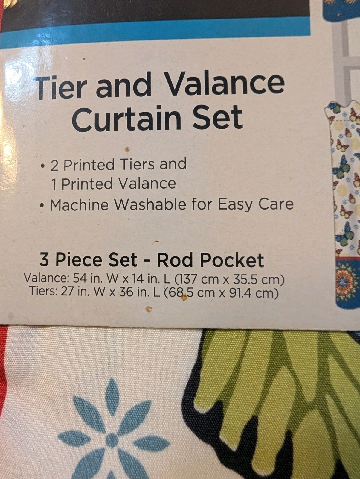 Trueliving 3 Piece Tier & Valance Curtain Set Rod Pocket Butterfly Flowers