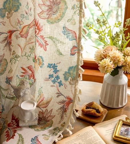 Boho Floral Curtains with Tassel for Bedroom 52″W x 96″L (Pack of 2) Brick Red