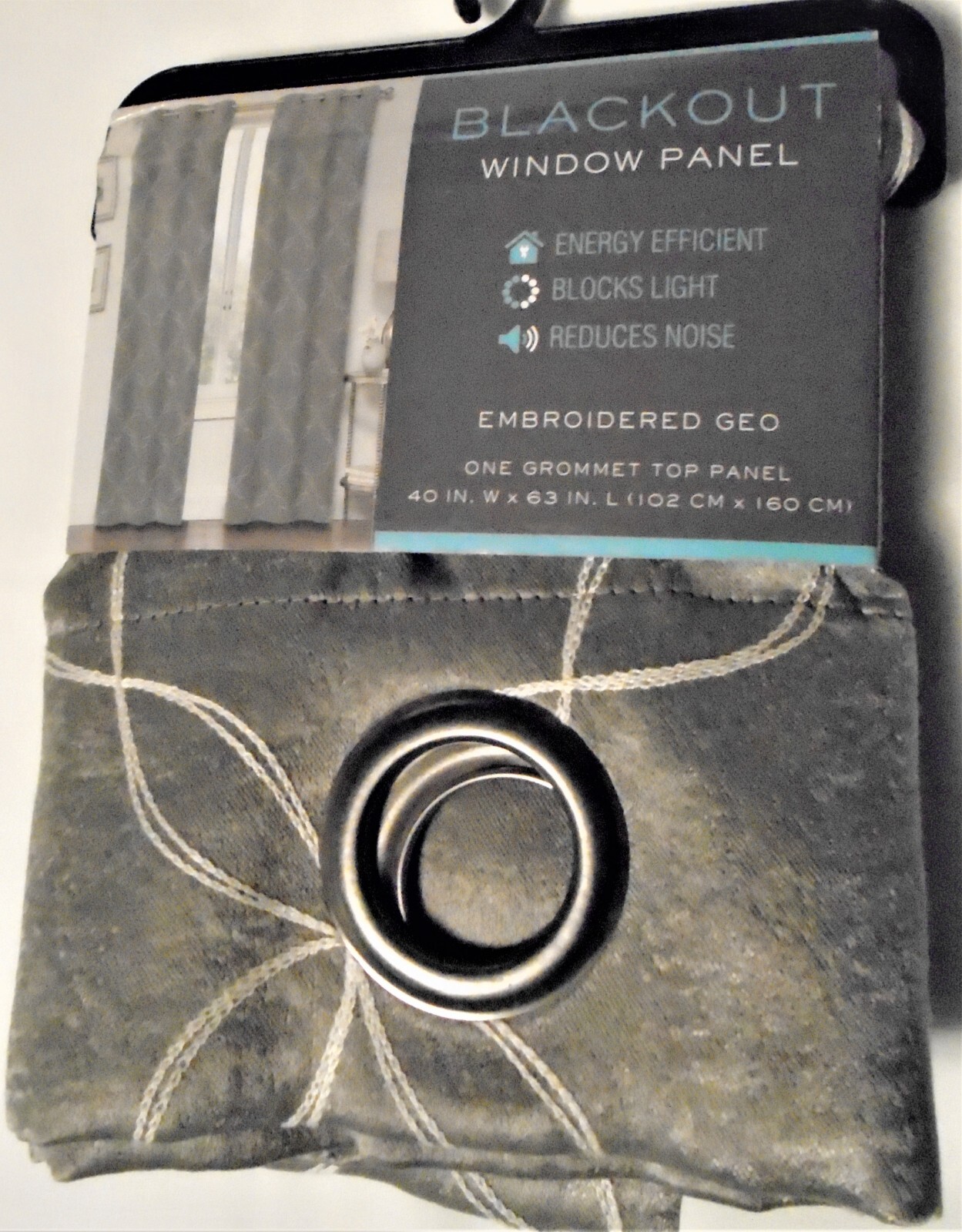 New Blackout Embroidered Geo Gray Grommet Top Window Panel 40 x 63 in. NIP