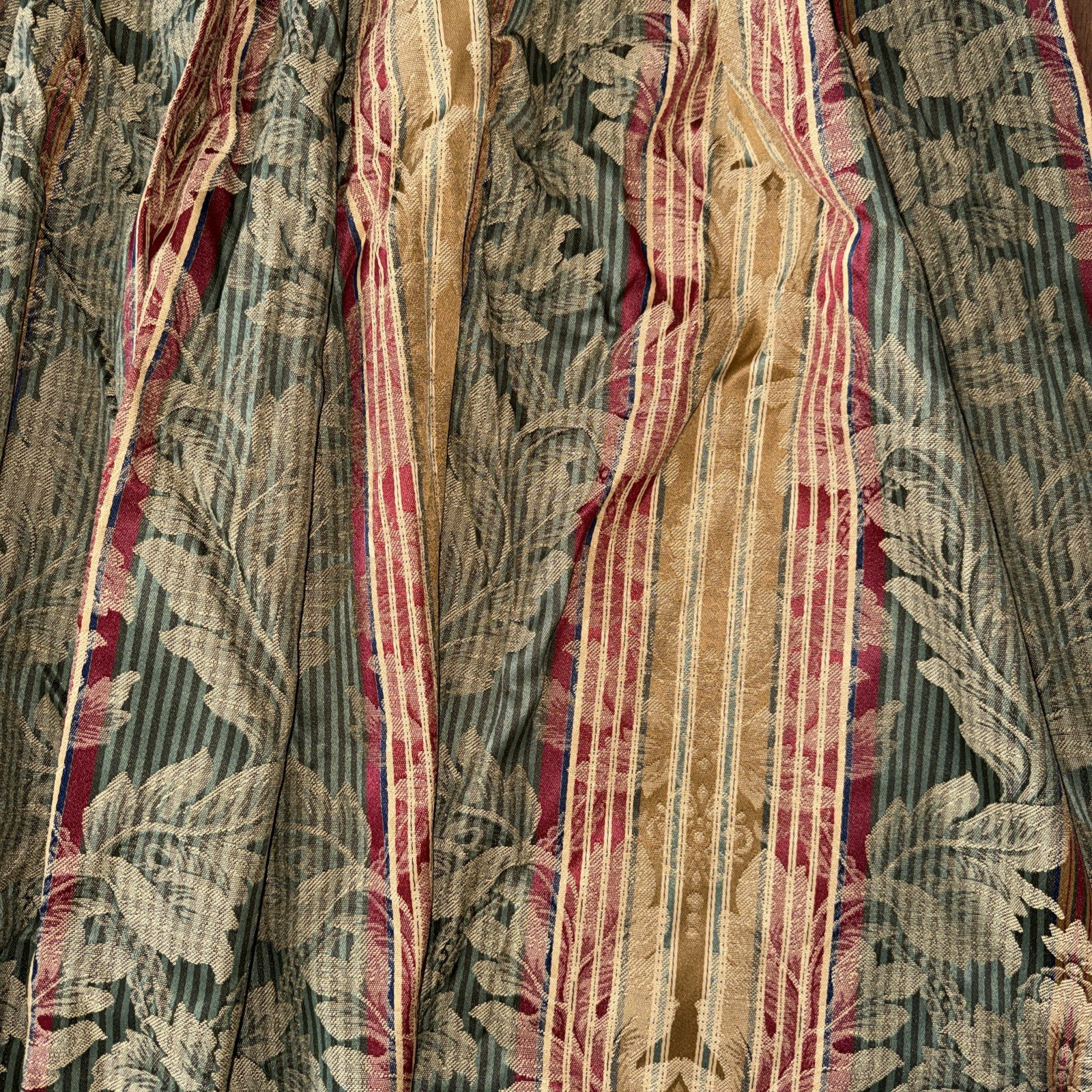 Pair Pinch Pleat Lined 2 Drapes 56Wx84L Brocade-Striped Red Green + 112” Valance