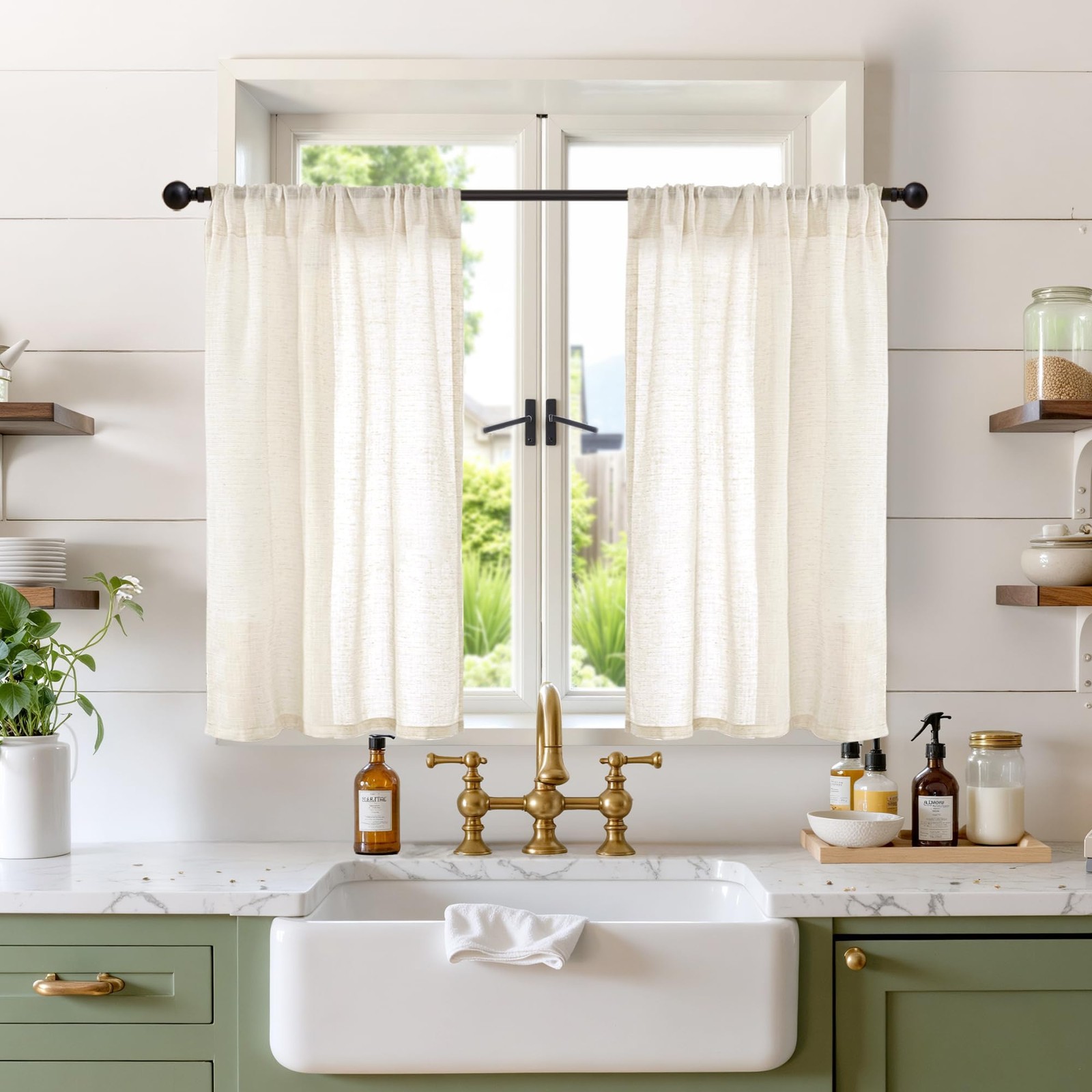 Linen Curtains 36 Inch Length for Kitchen 30″W x 36″L (Pack of 2) Light Beige