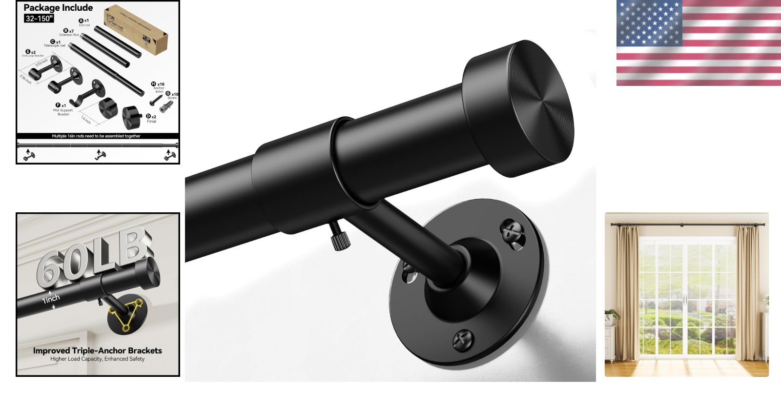 Heavy Duty Curtain Rod 32-150 Inch Black Adjustable Window Treatment Rods