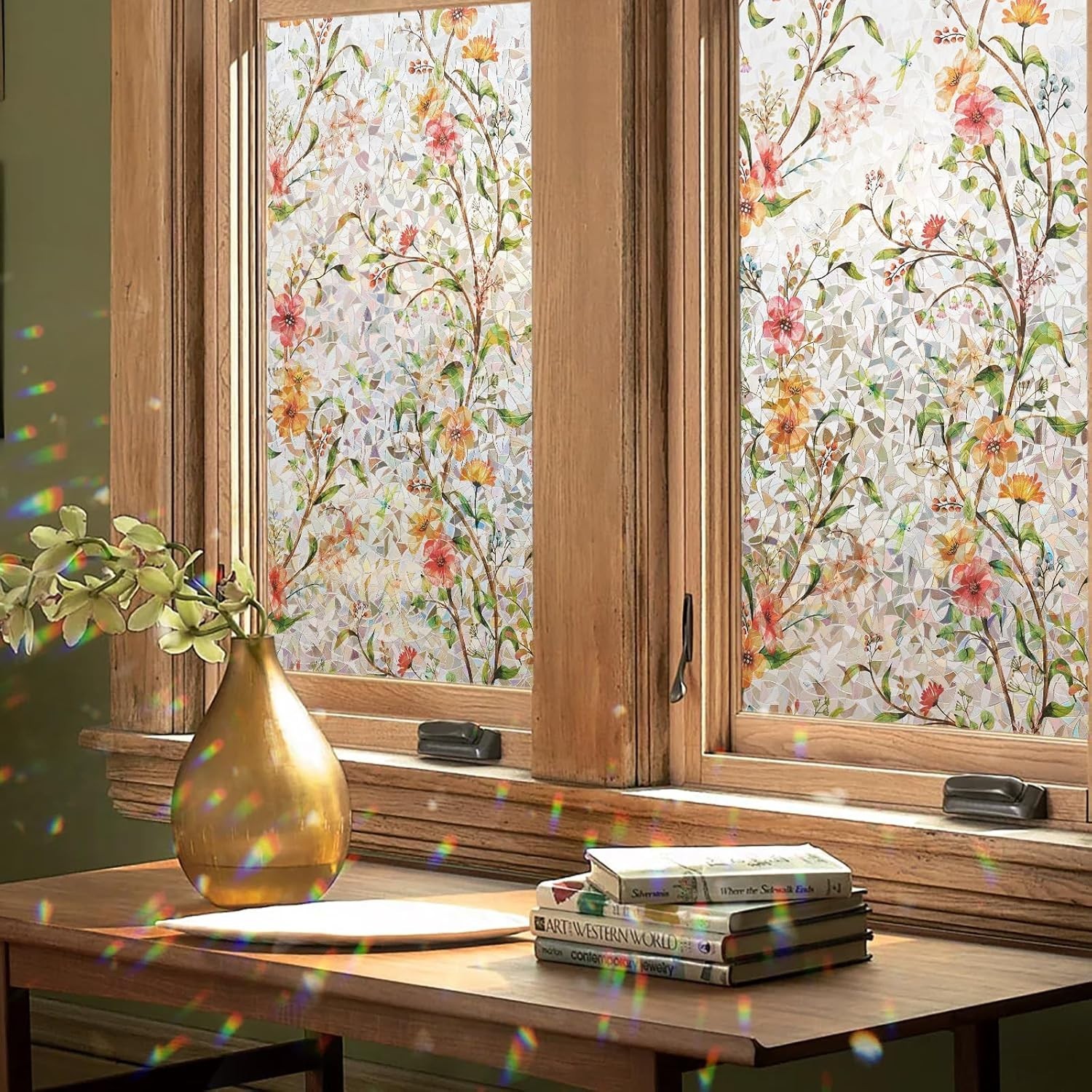 Window Privacy Film Floral Rainbow Decorative Stickers, 3D Static Stained Gla…
