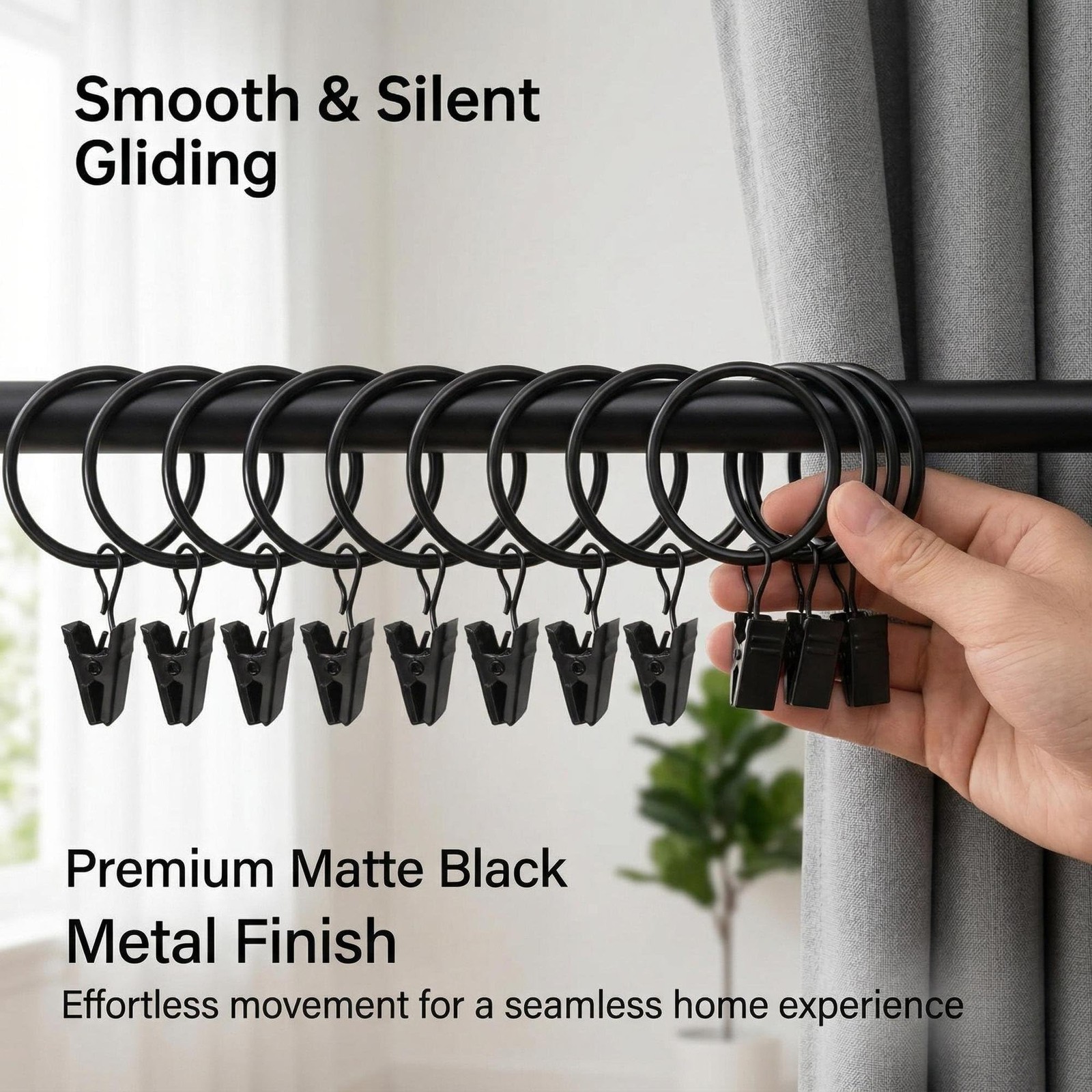 50Pcs Curtain Rings with Clips – Black Metal Drapery