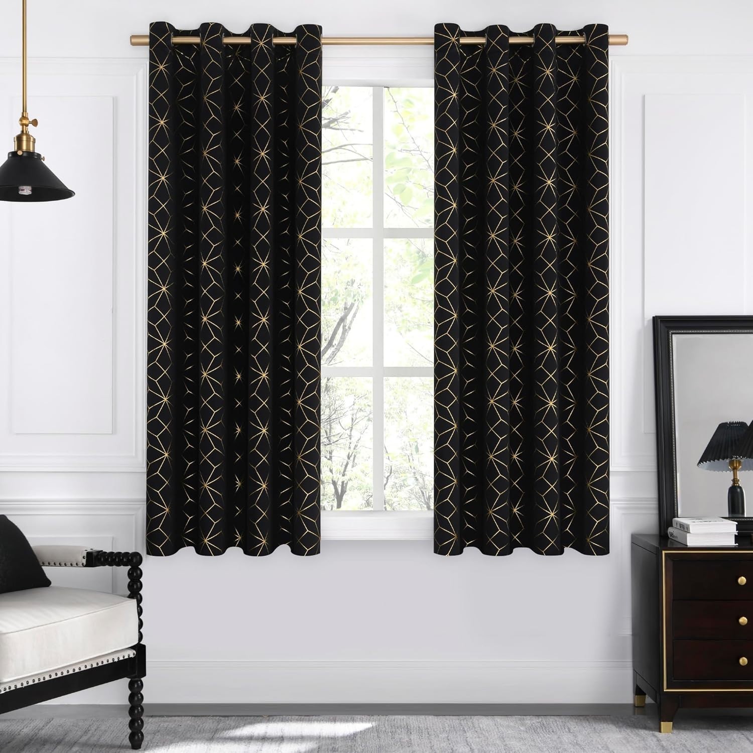 Mrs. Naturall Black Curtains with Gold – 63″ Long x 50″ wide