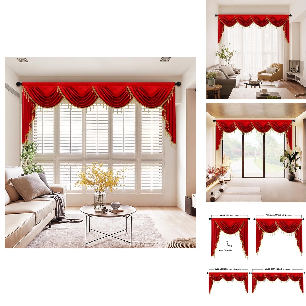 Elkca Luxury Burgundy Red Velvet Curtain Valances For Living Room Beads110Inch1