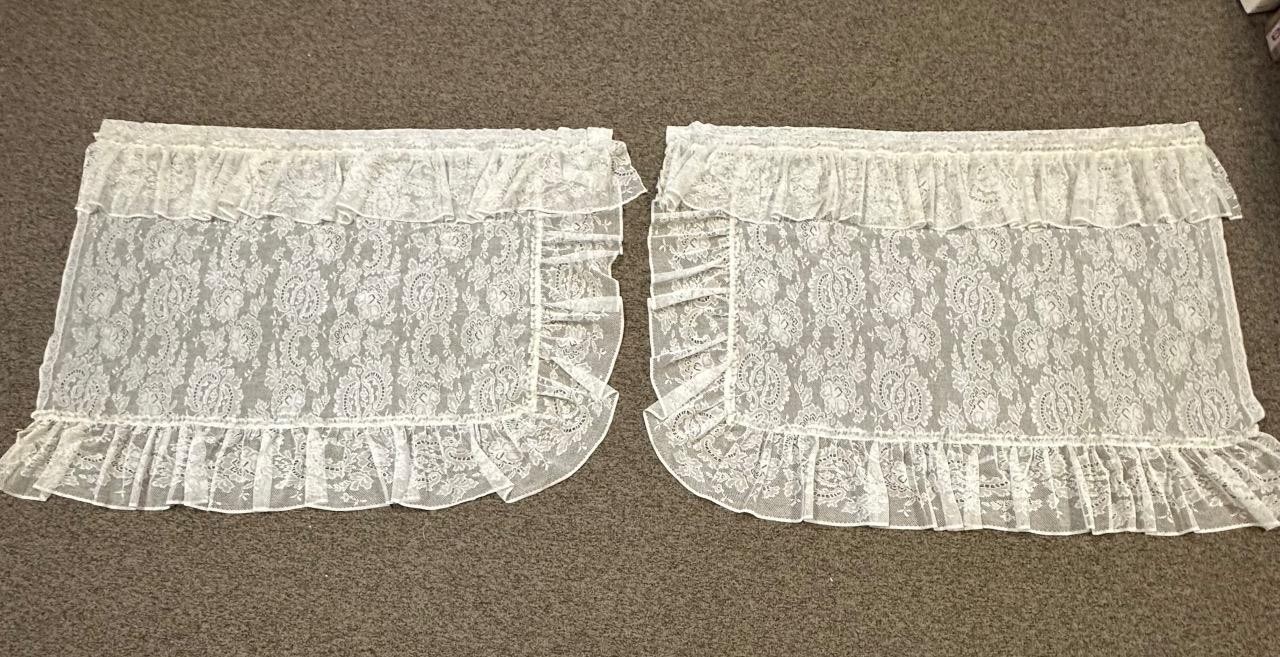 2 Vintage Off White Floral Lace Panels 48” Wide x 37” Long Curtains 80s Cream