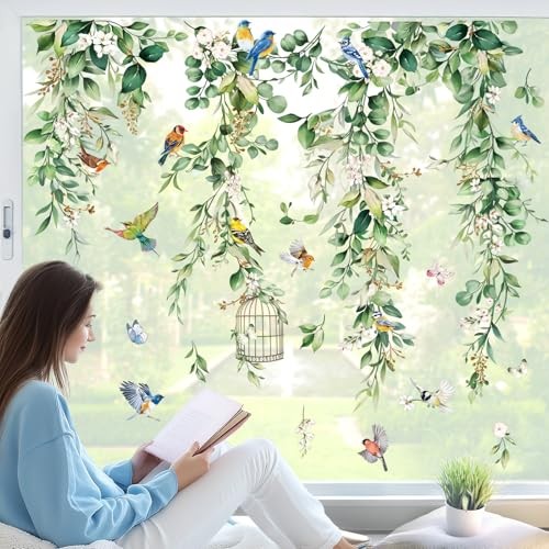 Summer Hanging Vine Eucalyptus Window Clings Green Leaves Flower Birds Glass