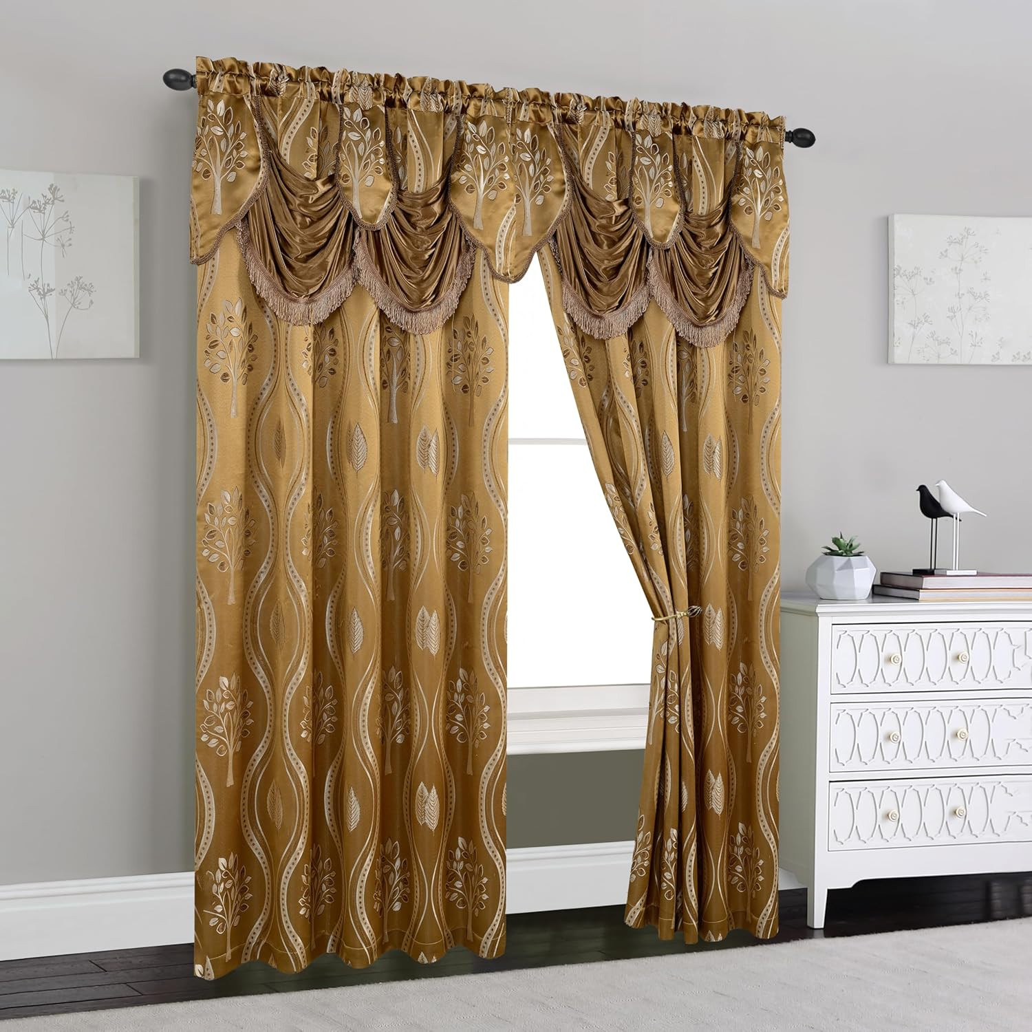 Aurora Jacquard Look Curtain Panel Set with Attached Valance 54″ X 84 Inch (Set
