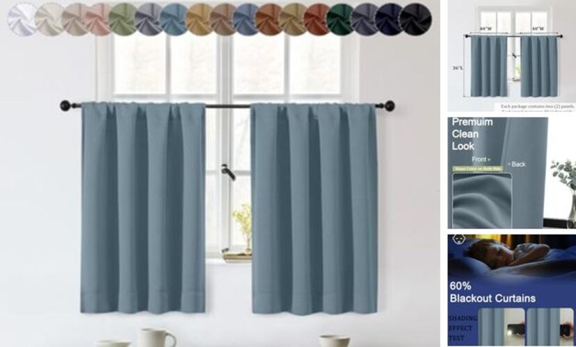 Sally Kitchen Curtains 36 Inch Length 2 40″W x 36″L (Pack of 2) Stone Blue