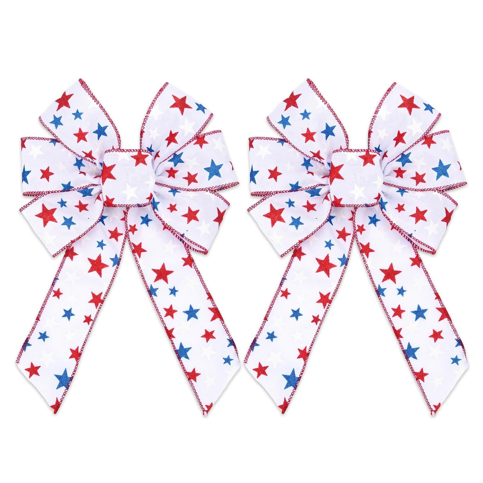 2 Pieces 4th of July Wreath Bows for Front Door, White Stars Burlap Ribbon Bo…