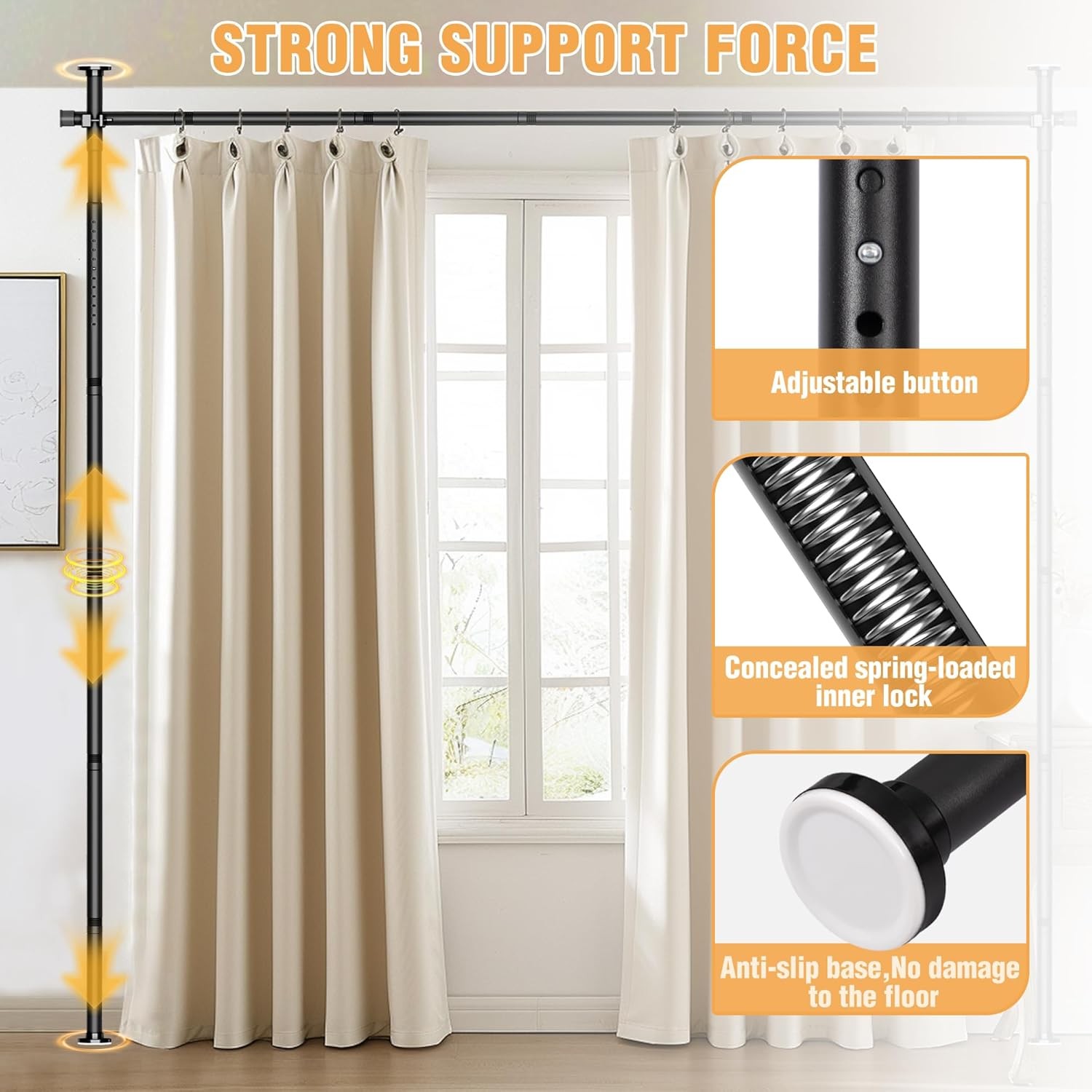 Adjustable Room Divider Curtain Rod No Drilling Tension Rod for Separation Black
