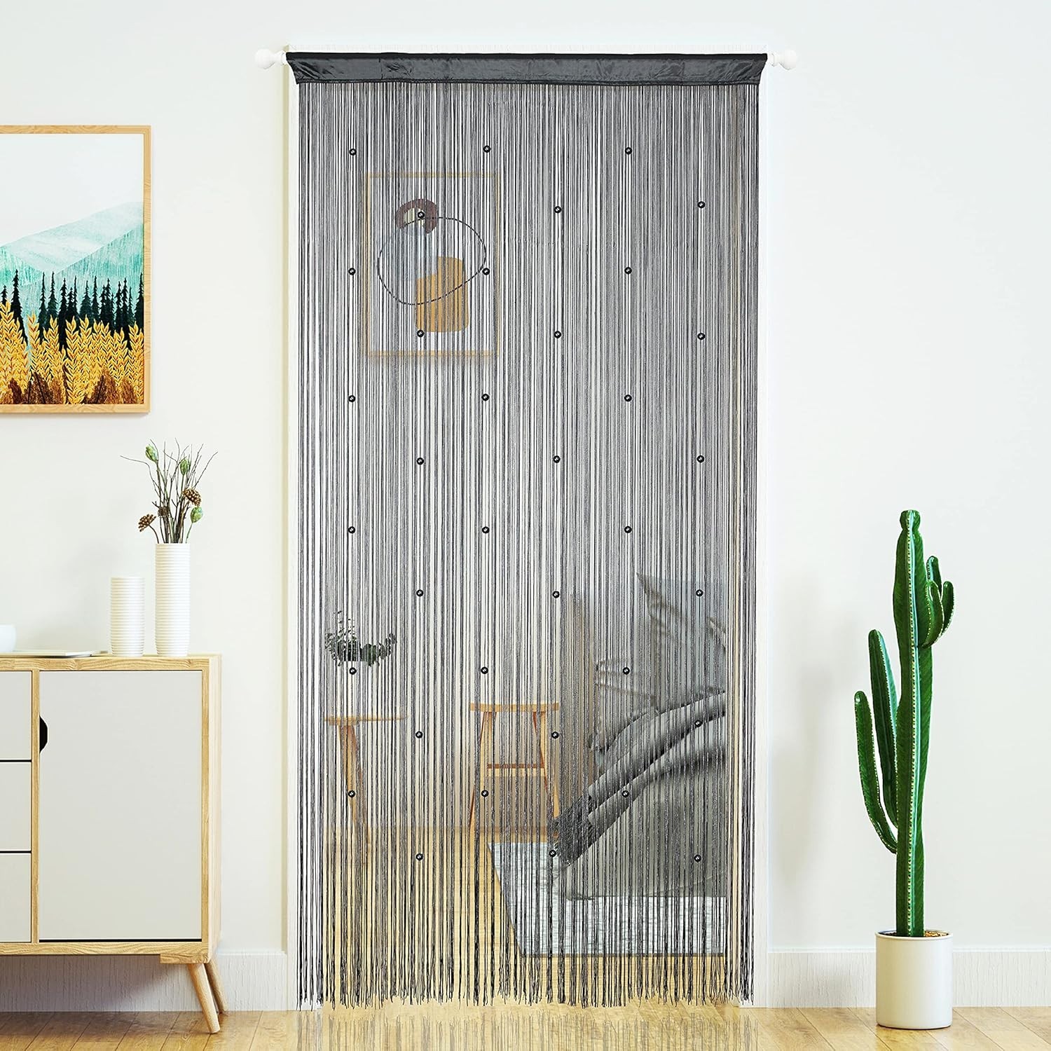 Beaded String Curtain Grey Boho Room Divider Doorway Window Privacy Panel 39×110