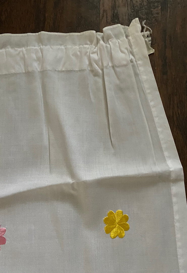 Vintage White Curtains W/Valence Embroidered Multi Colored Floral Design vg