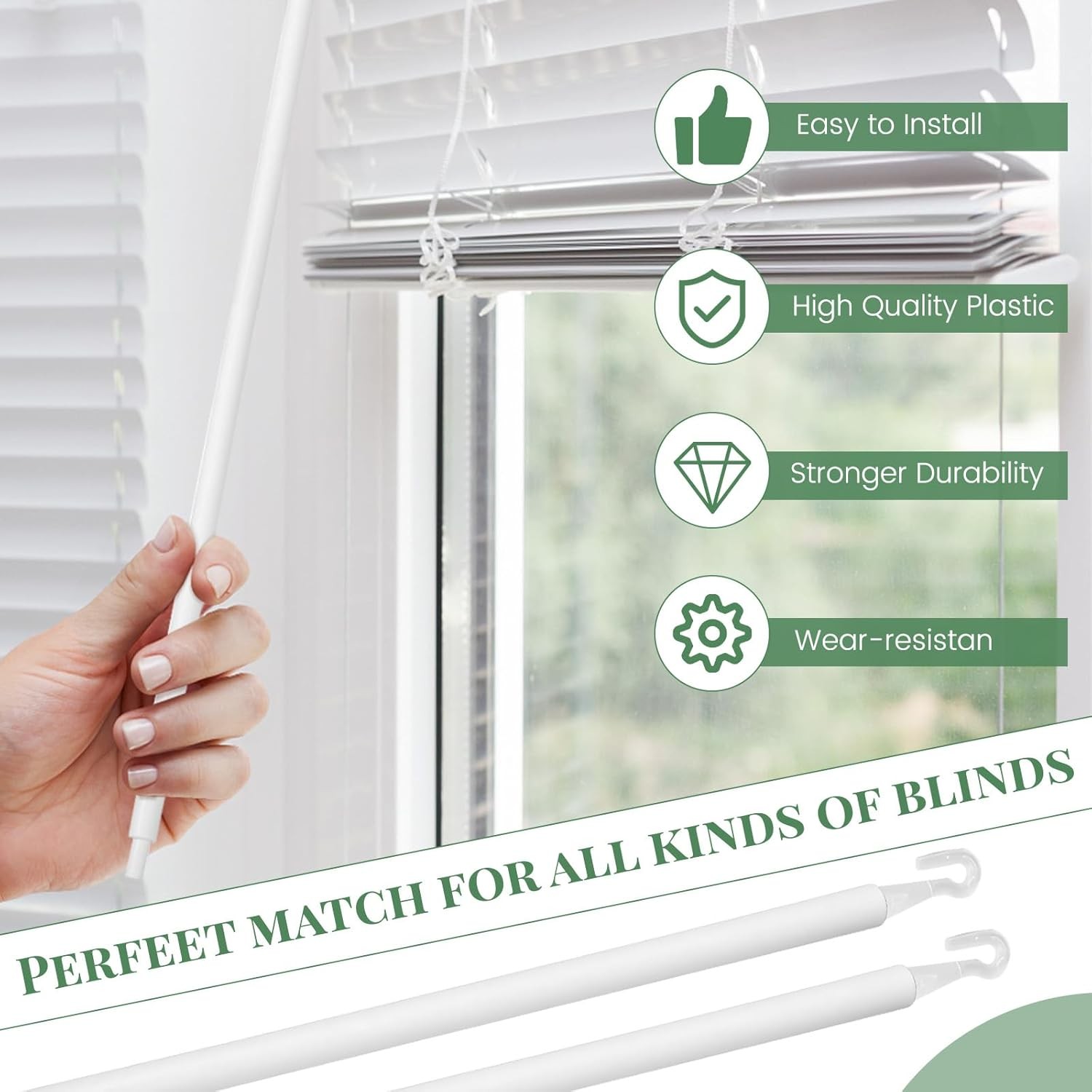 2 Sets 24″ Blind Wand Replacement with Hook, White Window Blind Opener Rod