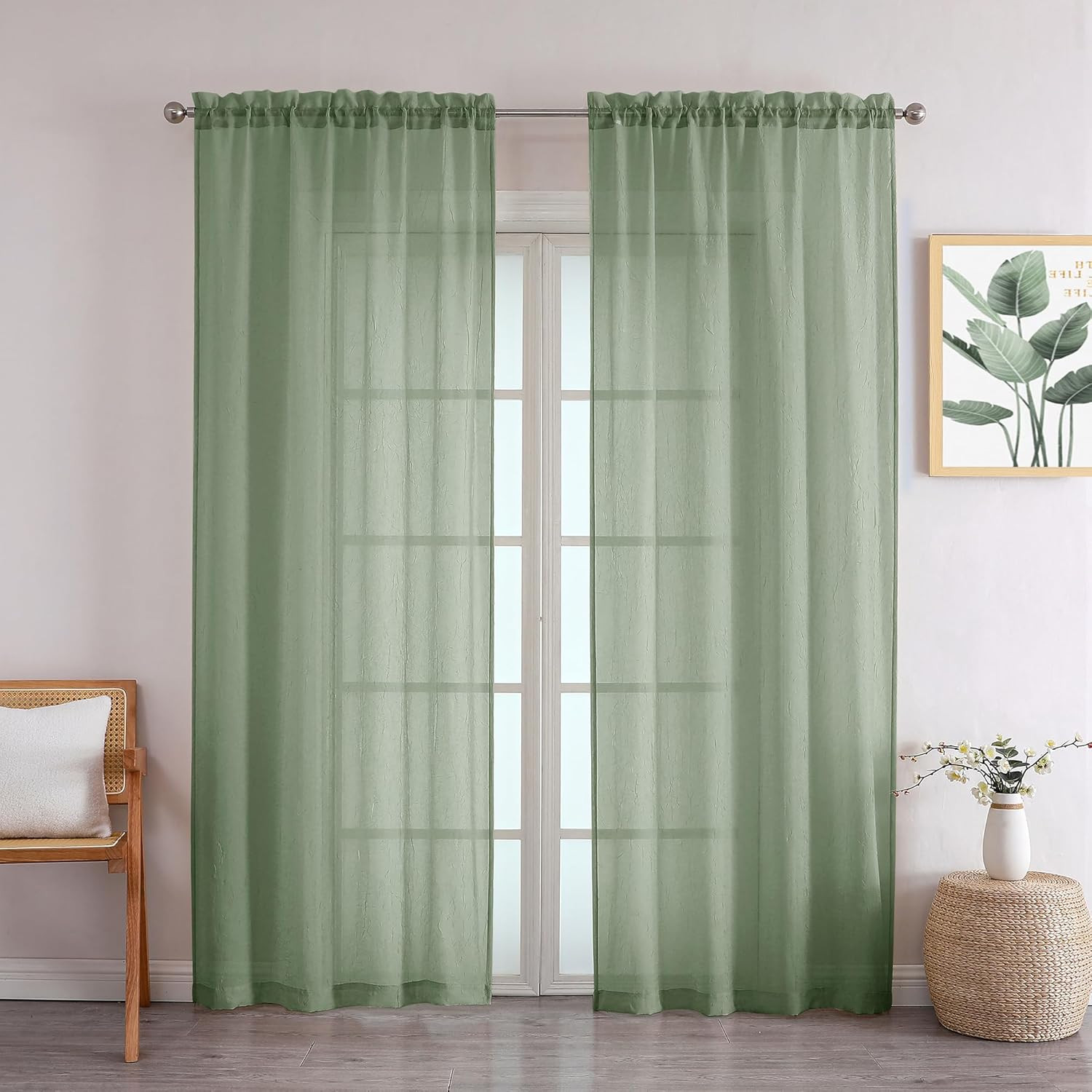 Crushed Sheer Sage Green Curtains 84 Inch Length 2 Panels, Light Filtering Solid