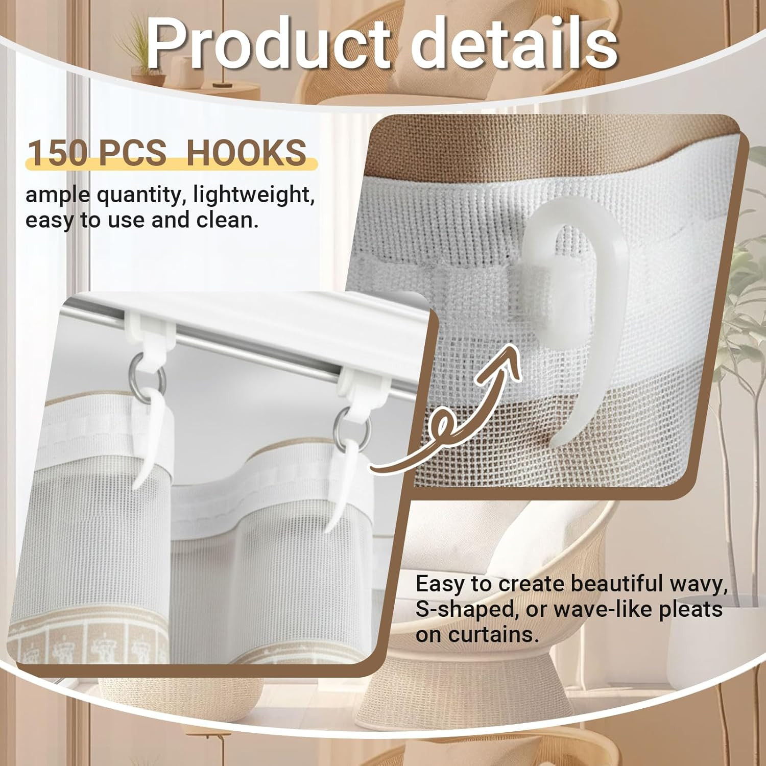 Curtain Pleat Tape 32.8 Yards with 150 Hooks, Pinch Pleat Drapery Tape for DI…