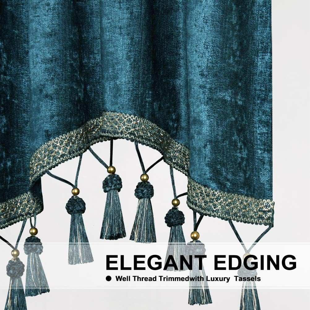 Double-Sided Chenille Window Curtains Tier for Kitchen Peacock Blue Scalloped Va